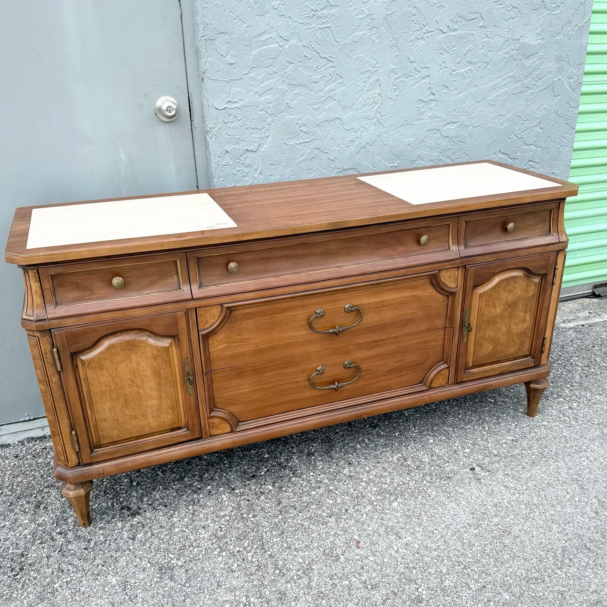Vintage Mid Century Marble Inlaid Credenza by Thomasville Dolphin & Flamingo