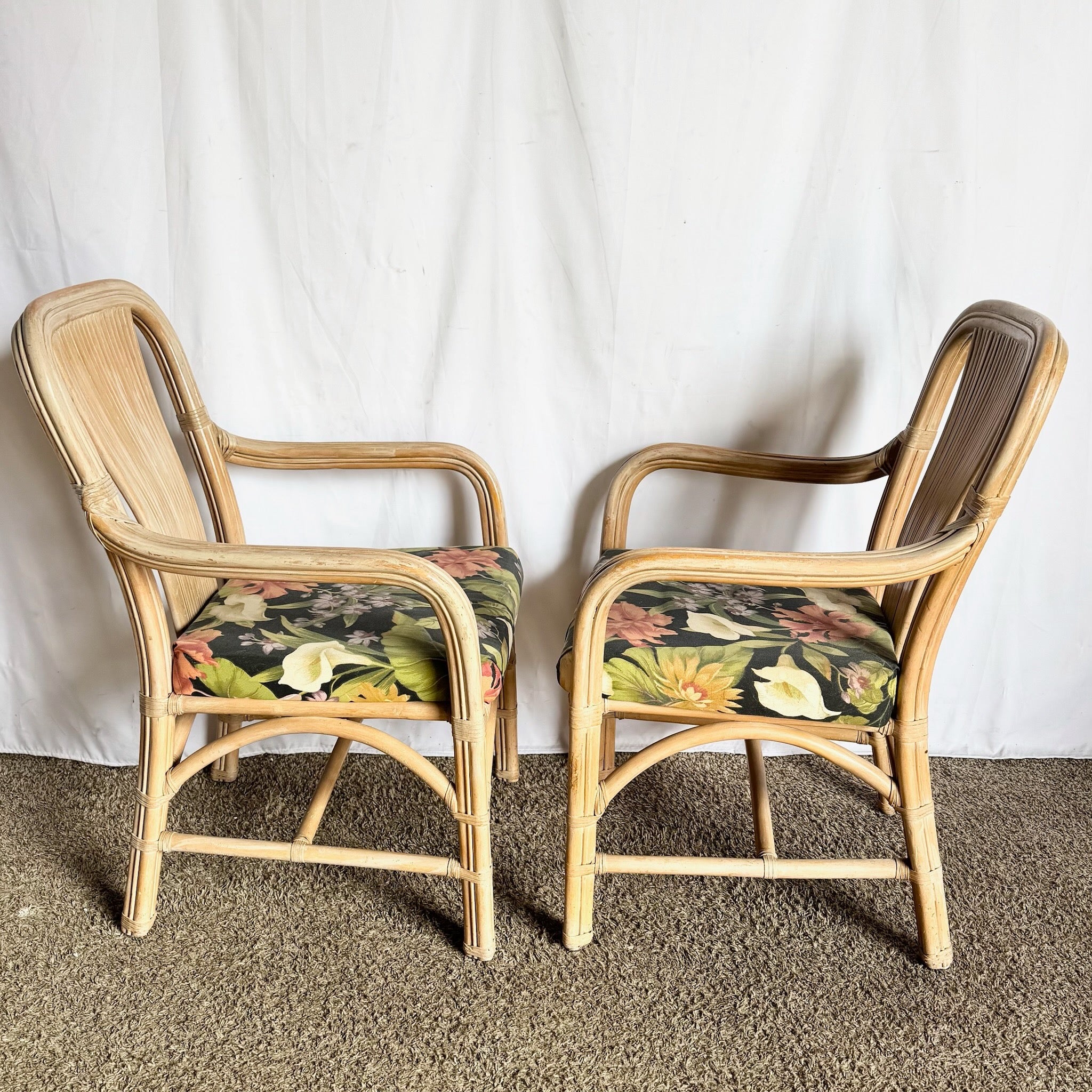 Vintage Washed Rattan Floral Dining Arm Chairs - Set of 4
