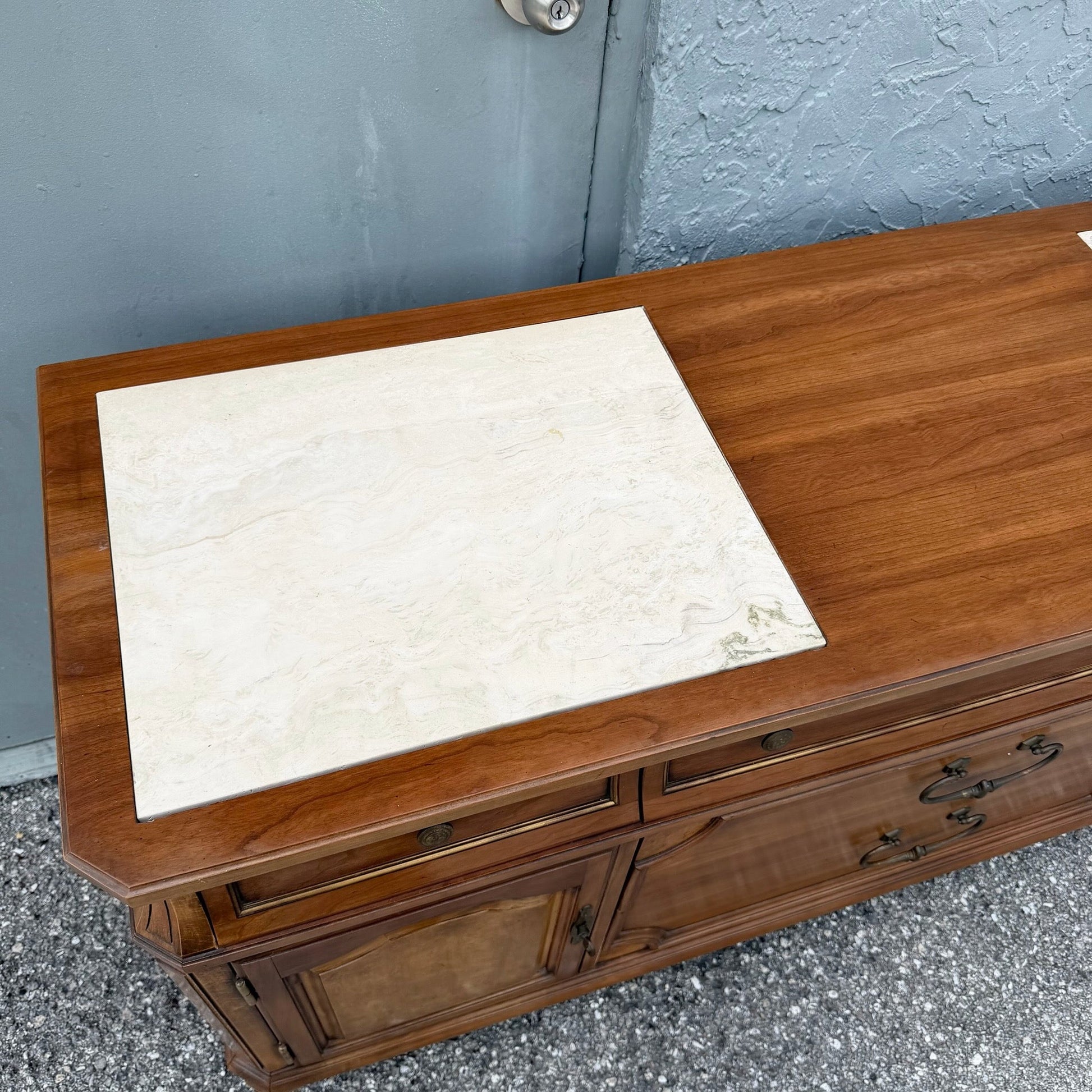 Vintage Mid Century Marble Inlaid Credenza by Thomasville Dolphin & Flamingo