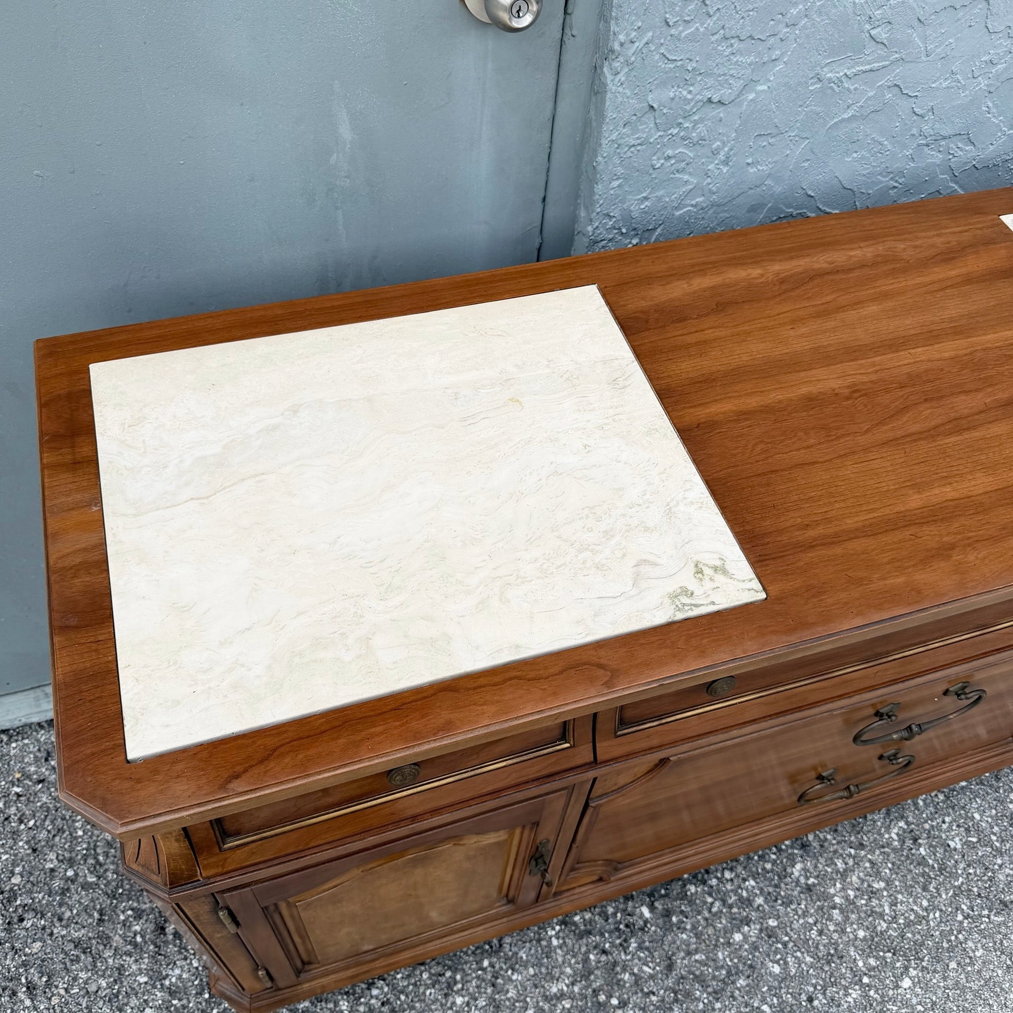 Vintage Mid Century Marble Inlaid Credenza by Thomasville Dolphin & Flamingo