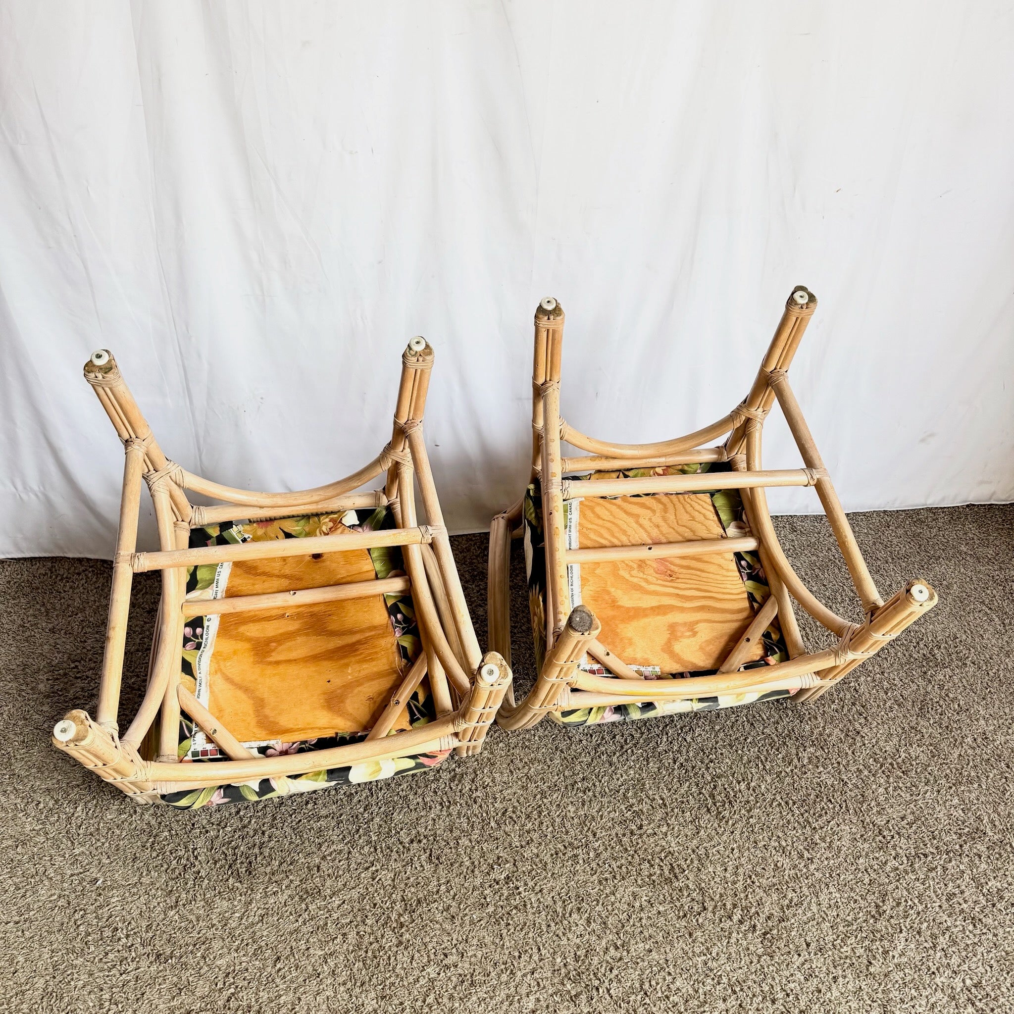 Vintage Washed Rattan Floral Dining Arm Chairs - Set of 4