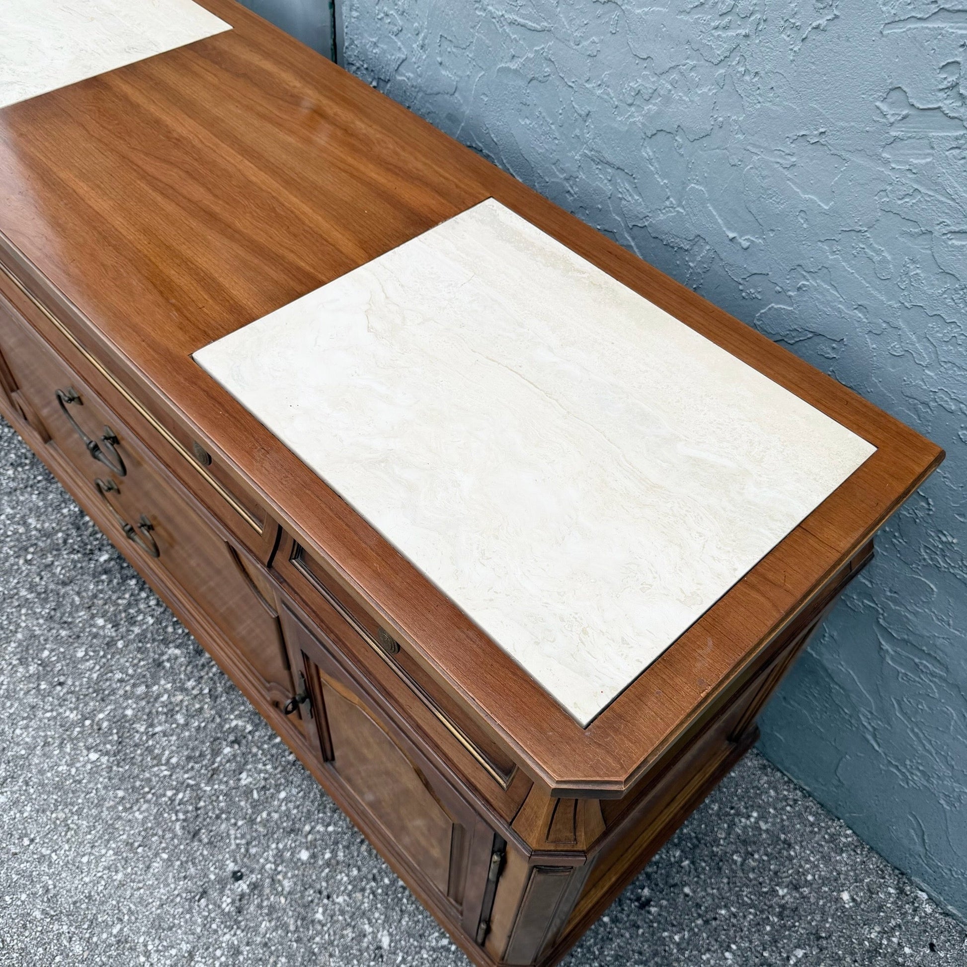 Vintage Mid Century Marble Inlaid Credenza by Thomasville Dolphin & Flamingo