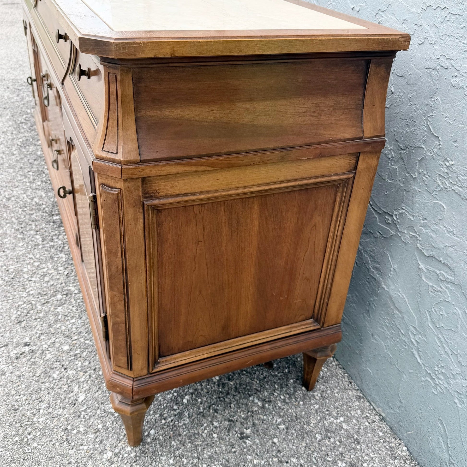 Vintage Mid Century Marble Inlaid Credenza by Thomasville Dolphin & Flamingo