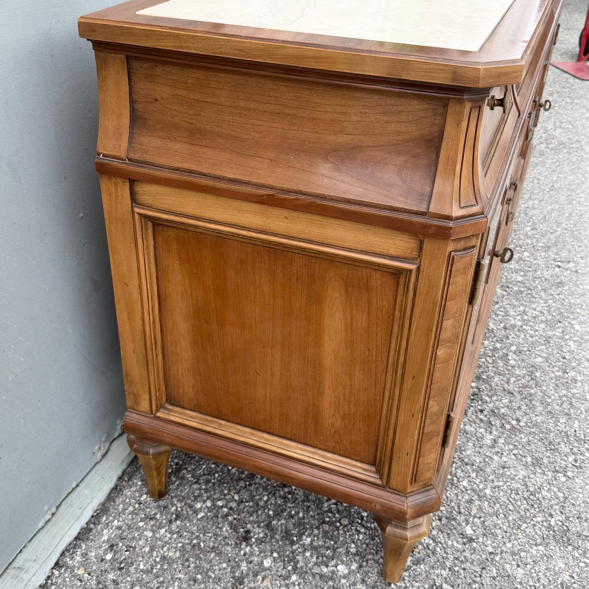 Vintage Mid Century Marble Inlaid Credenza by Thomasville Dolphin & Flamingo