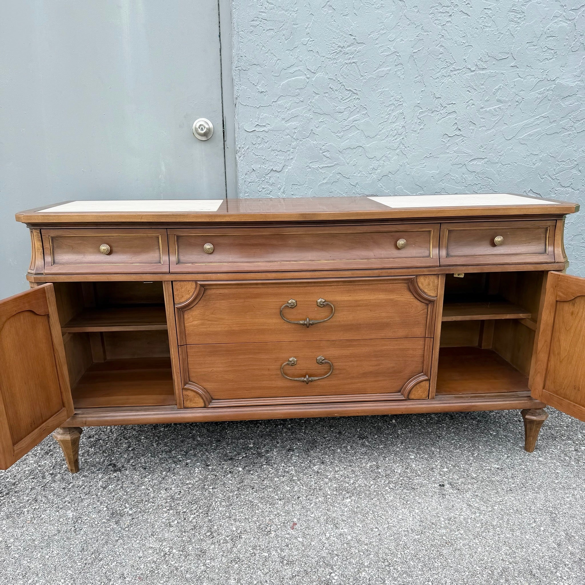 Vintage Mid Century Marble Inlaid Credenza by Thomasville Dolphin & Flamingo