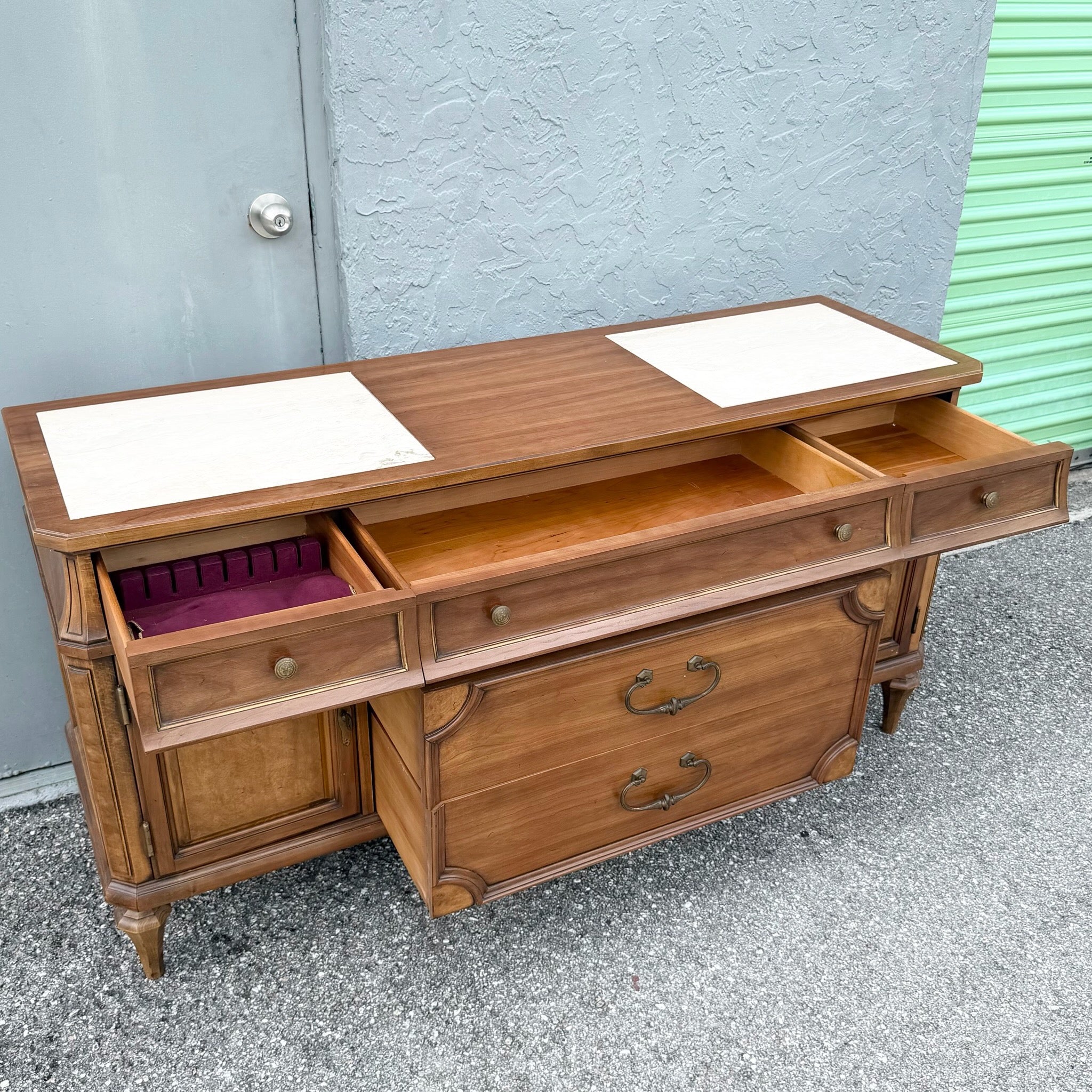 Vintage Mid Century Marble Inlaid Credenza by Thomasville Dolphin & Flamingo