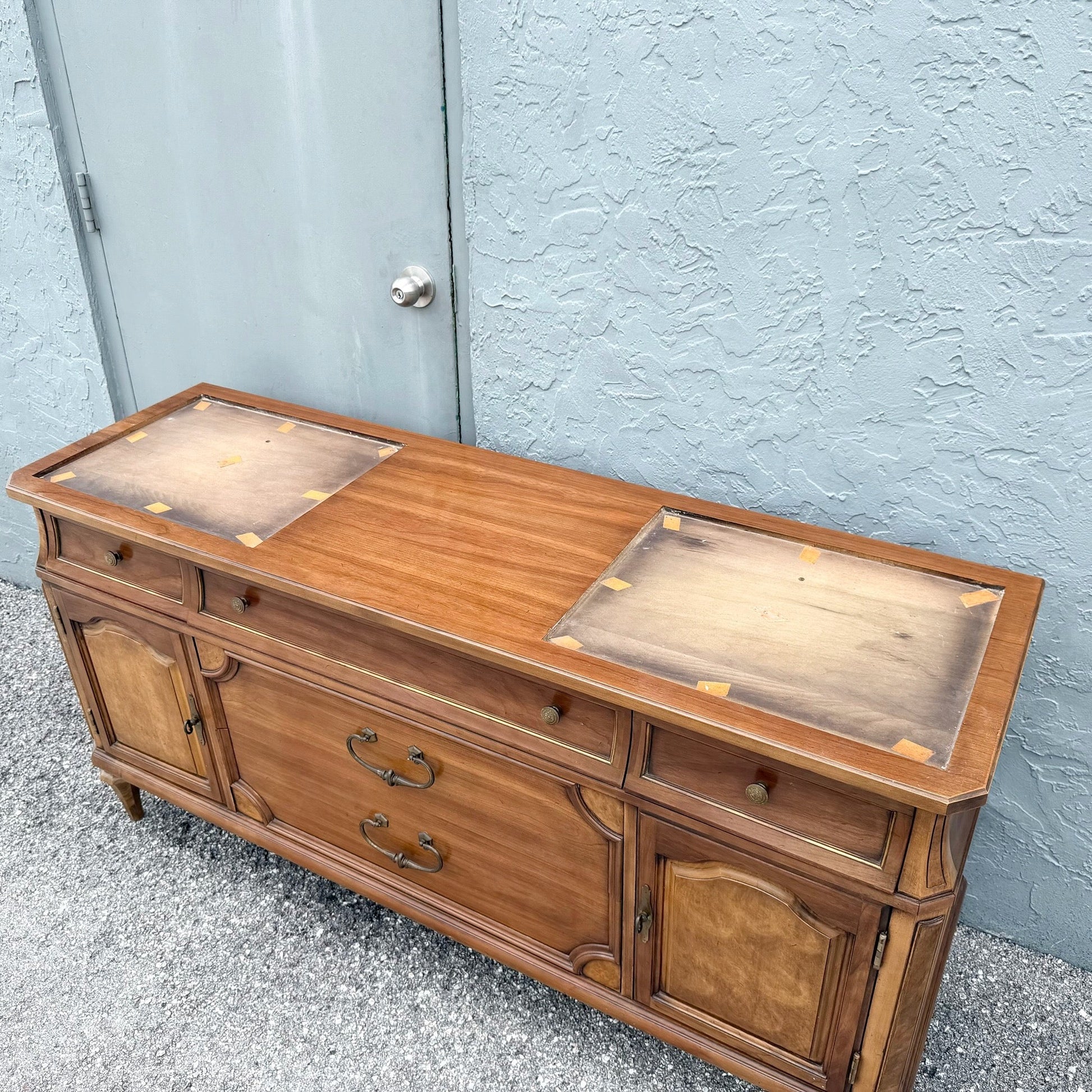 Vintage Mid Century Marble Inlaid Credenza by Thomasville Dolphin & Flamingo