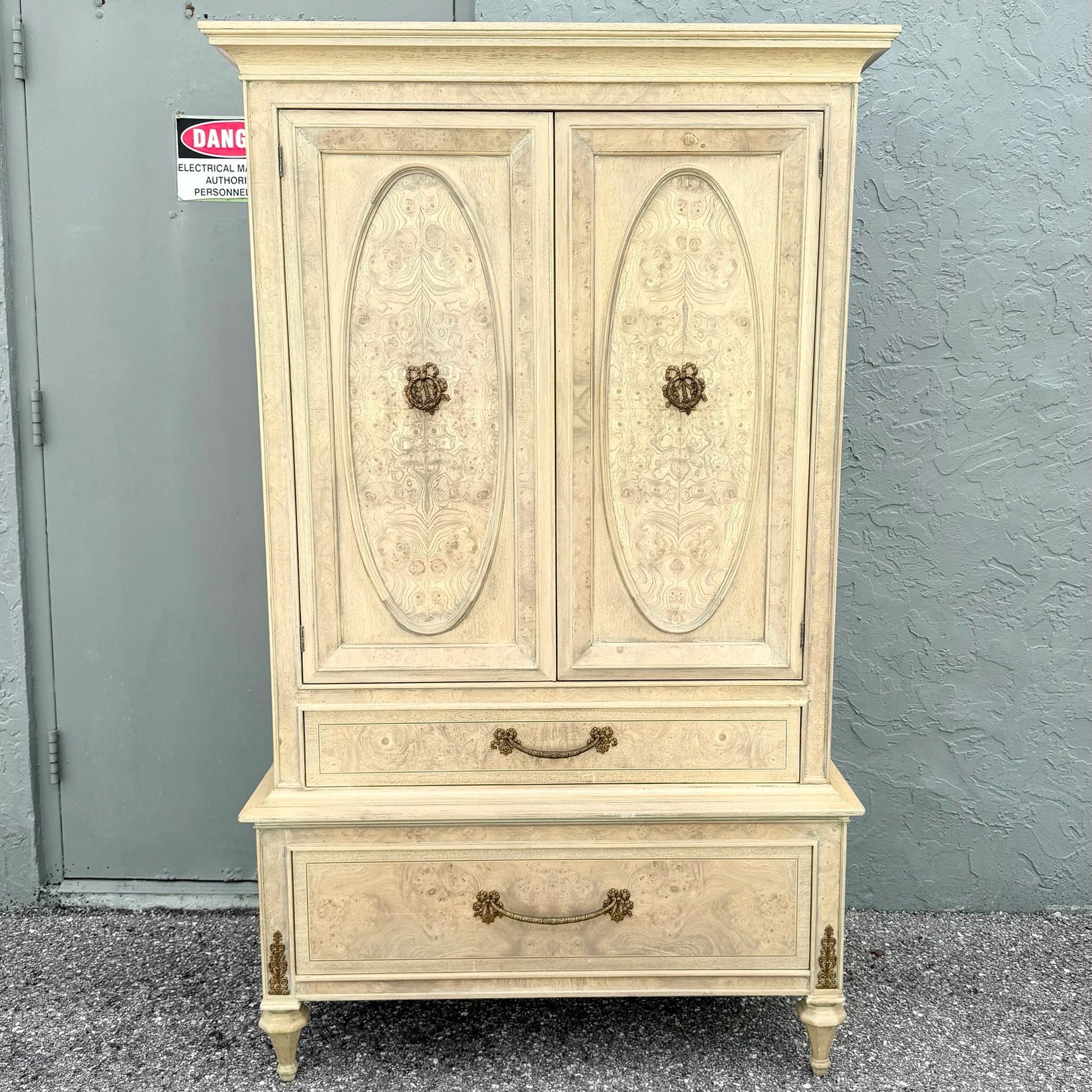 Vintage French Provincial Burlwood Armoire by Detroit Furniture Dolphin & Flamingo