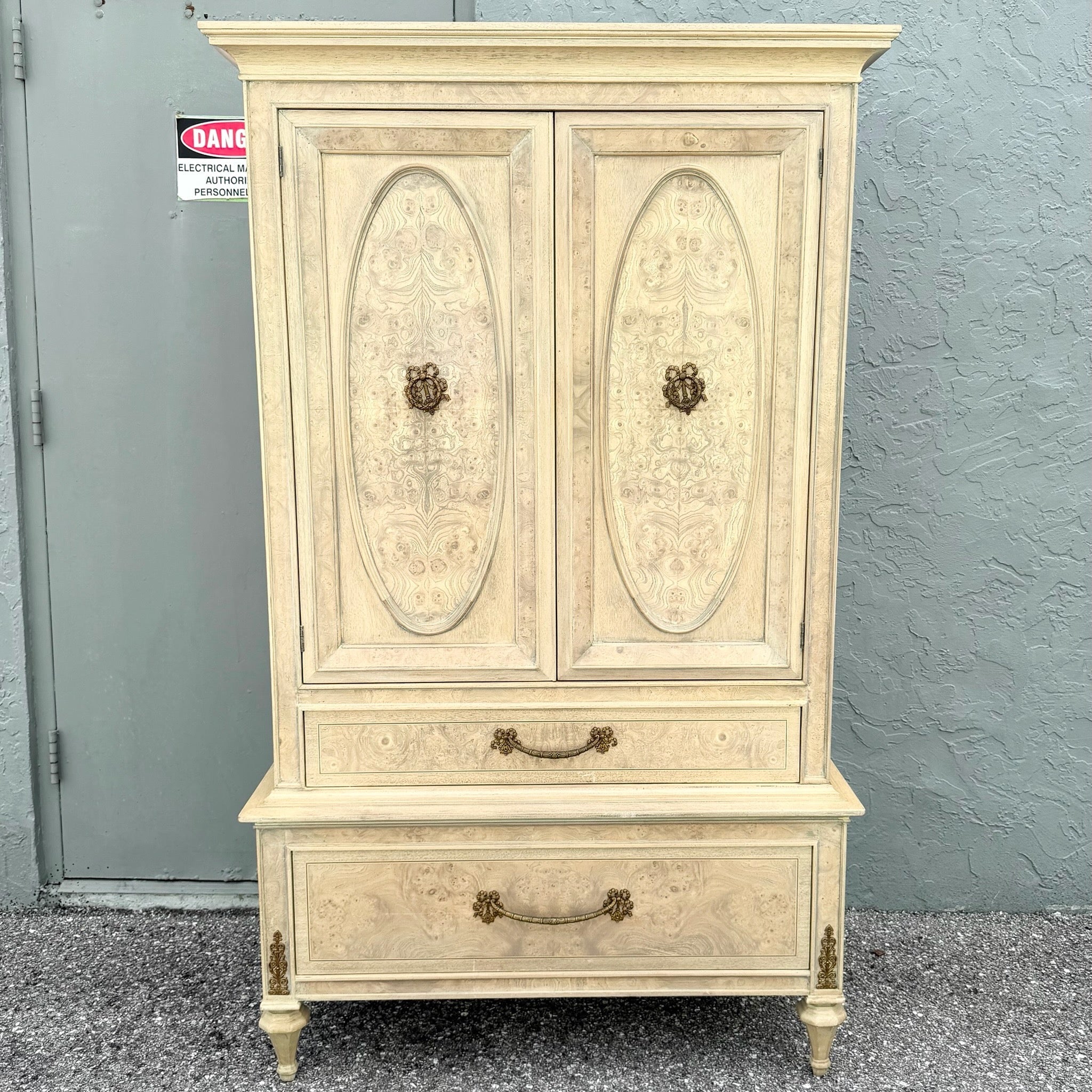 Vintage French Provincial Burlwood Armoire by Detroit Furniture Dolphin & Flamingo