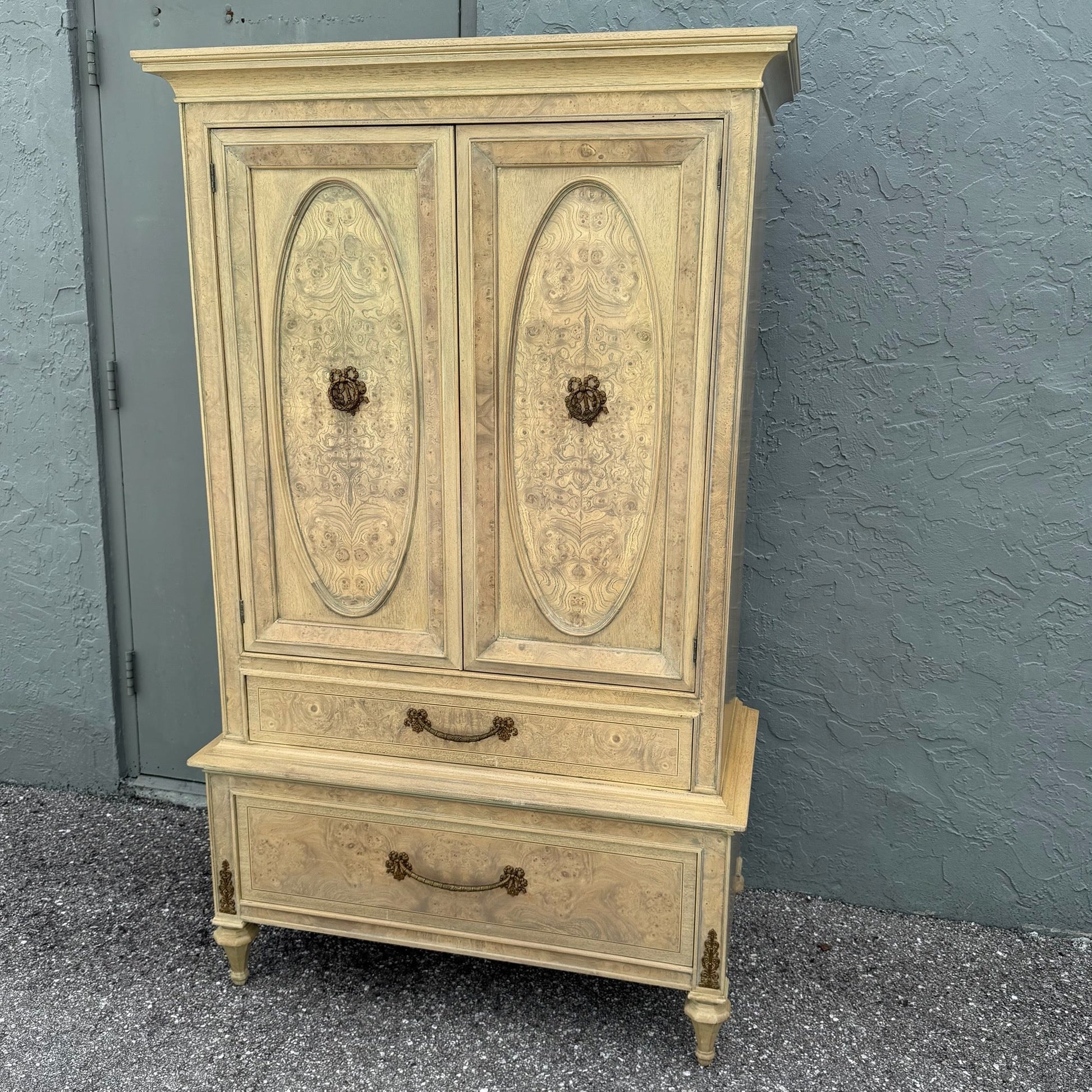 Vintage French Provincial Burlwood Armoire by Detroit Furniture Dolphin & Flamingo
