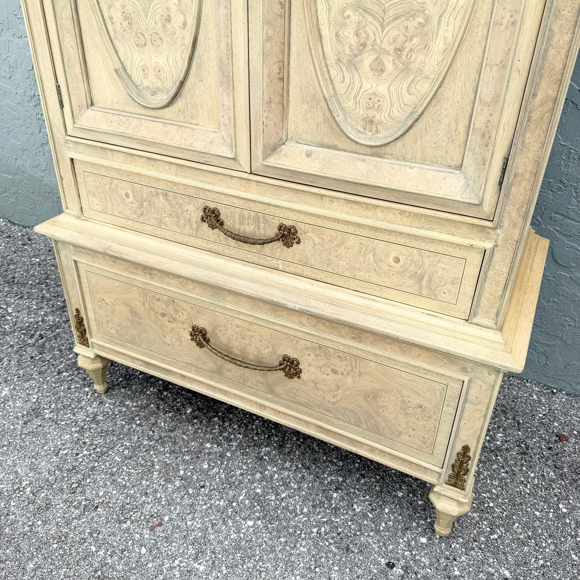 Vintage French Provincial Burlwood Armoire by Detroit Furniture Dolphin & Flamingo