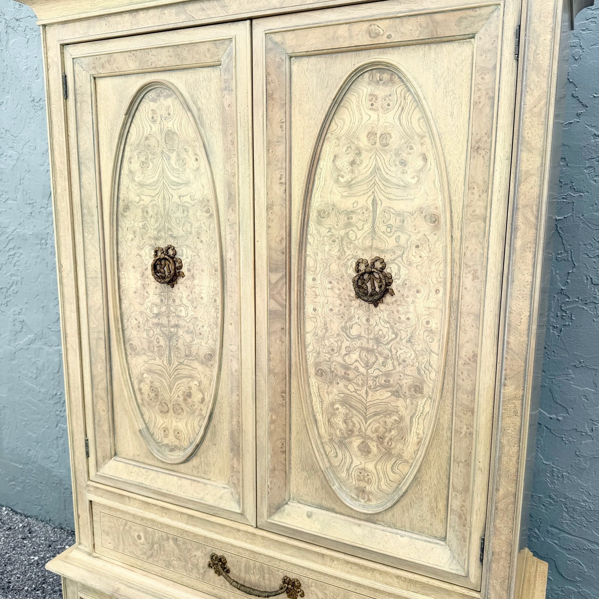 Vintage French Provincial Burlwood Armoire by Detroit Furniture Dolphin & Flamingo
