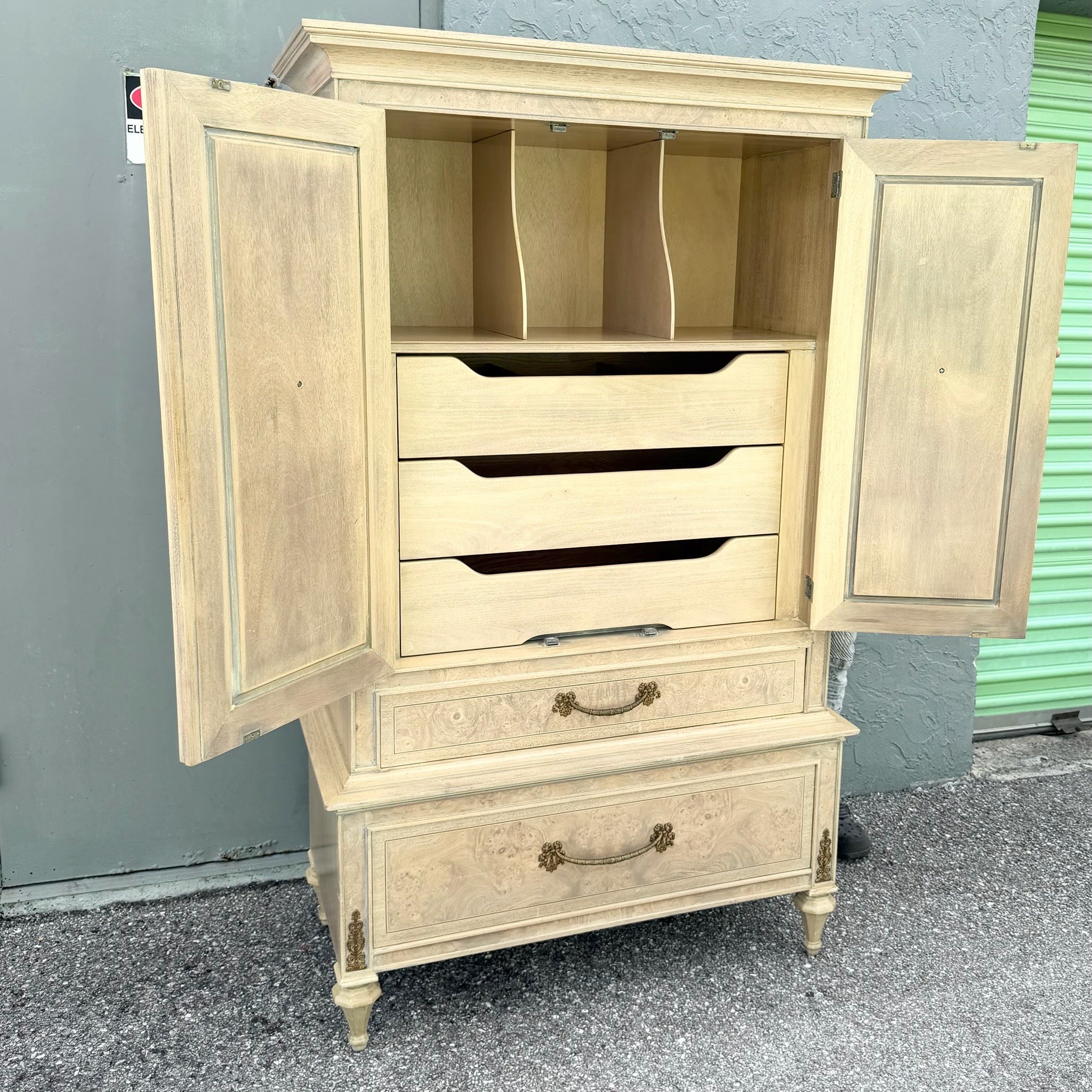 Vintage French Provincial Burlwood Armoire by Detroit Furniture Dolphin & Flamingo