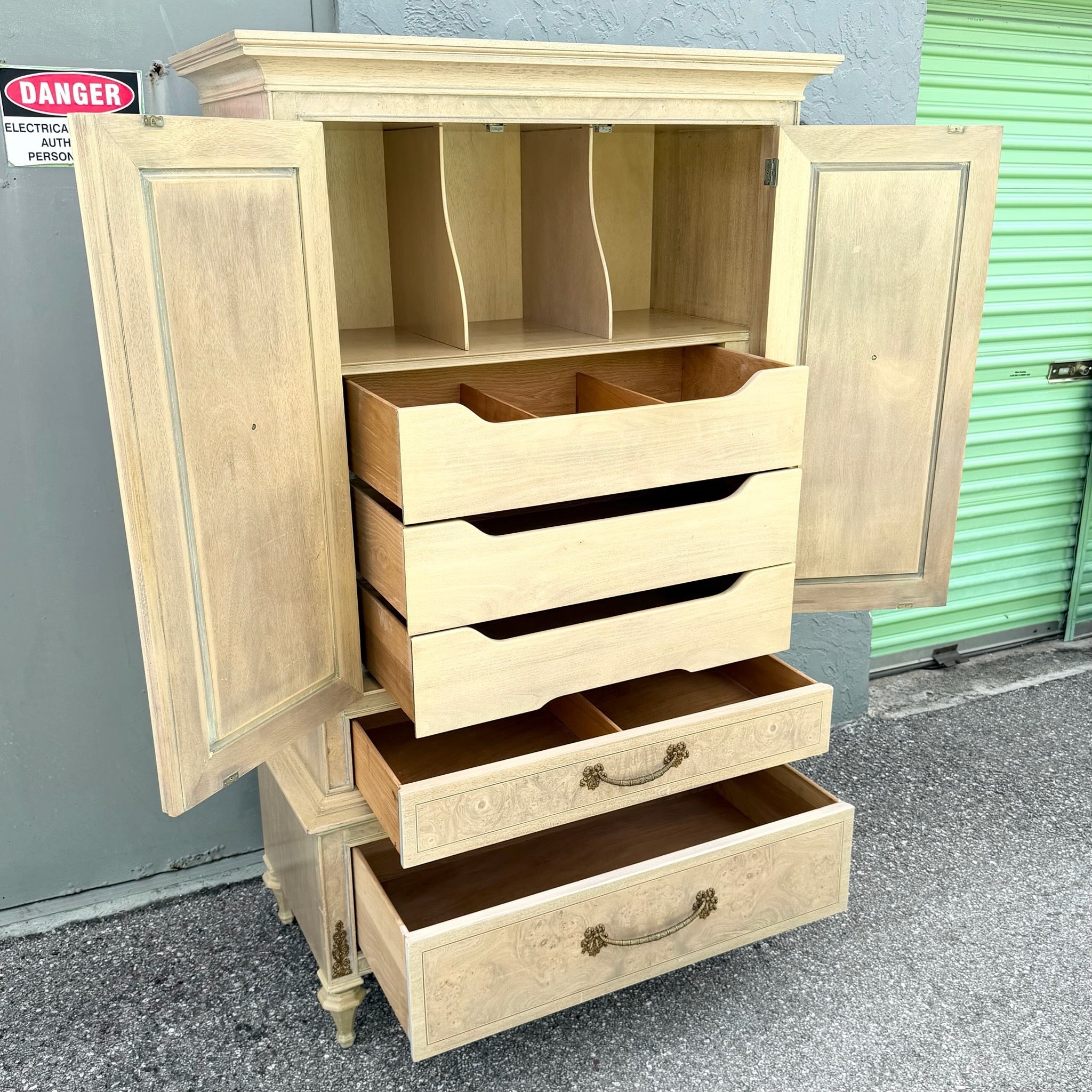 Vintage French Provincial Burlwood Armoire by Detroit Furniture Dolphin & Flamingo