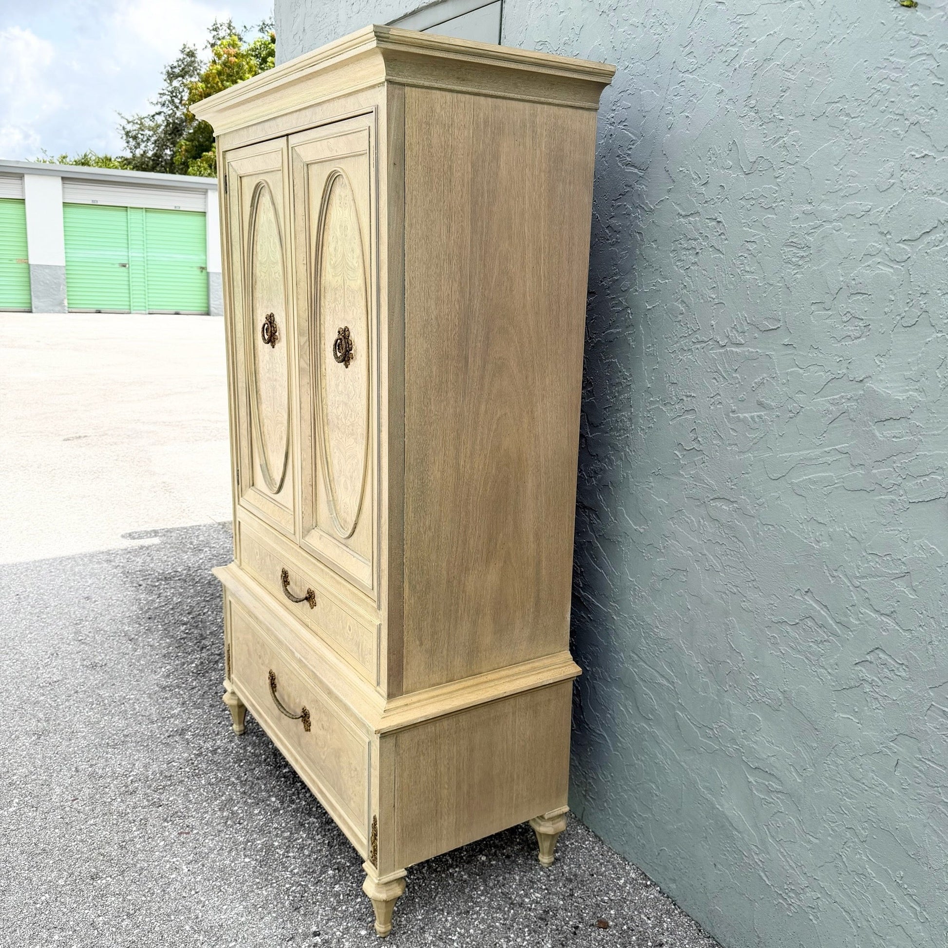 Vintage French Provincial Burlwood Armoire by Detroit Furniture Dolphin & Flamingo