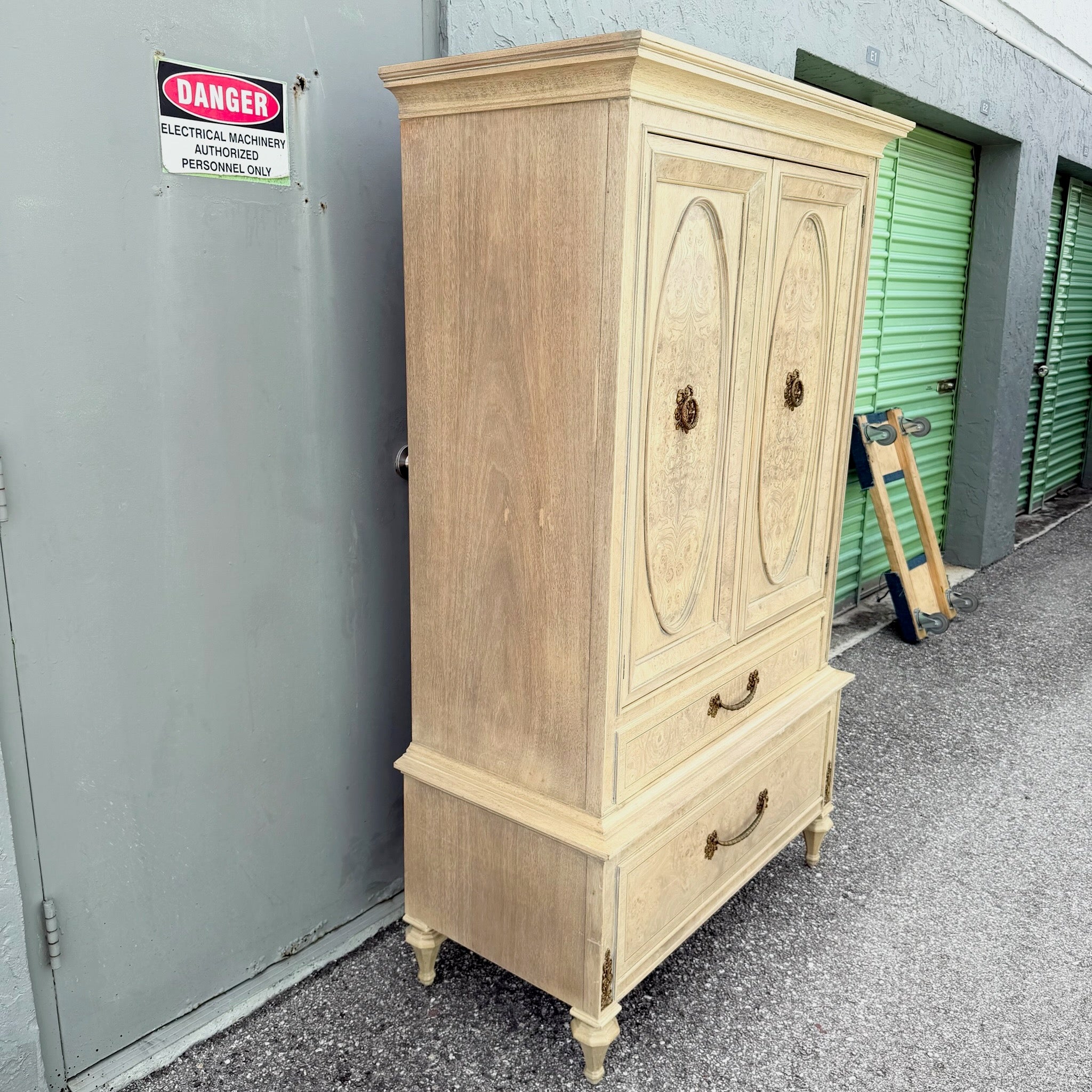 Vintage French Provincial Burlwood Armoire by Detroit Furniture Dolphin & Flamingo