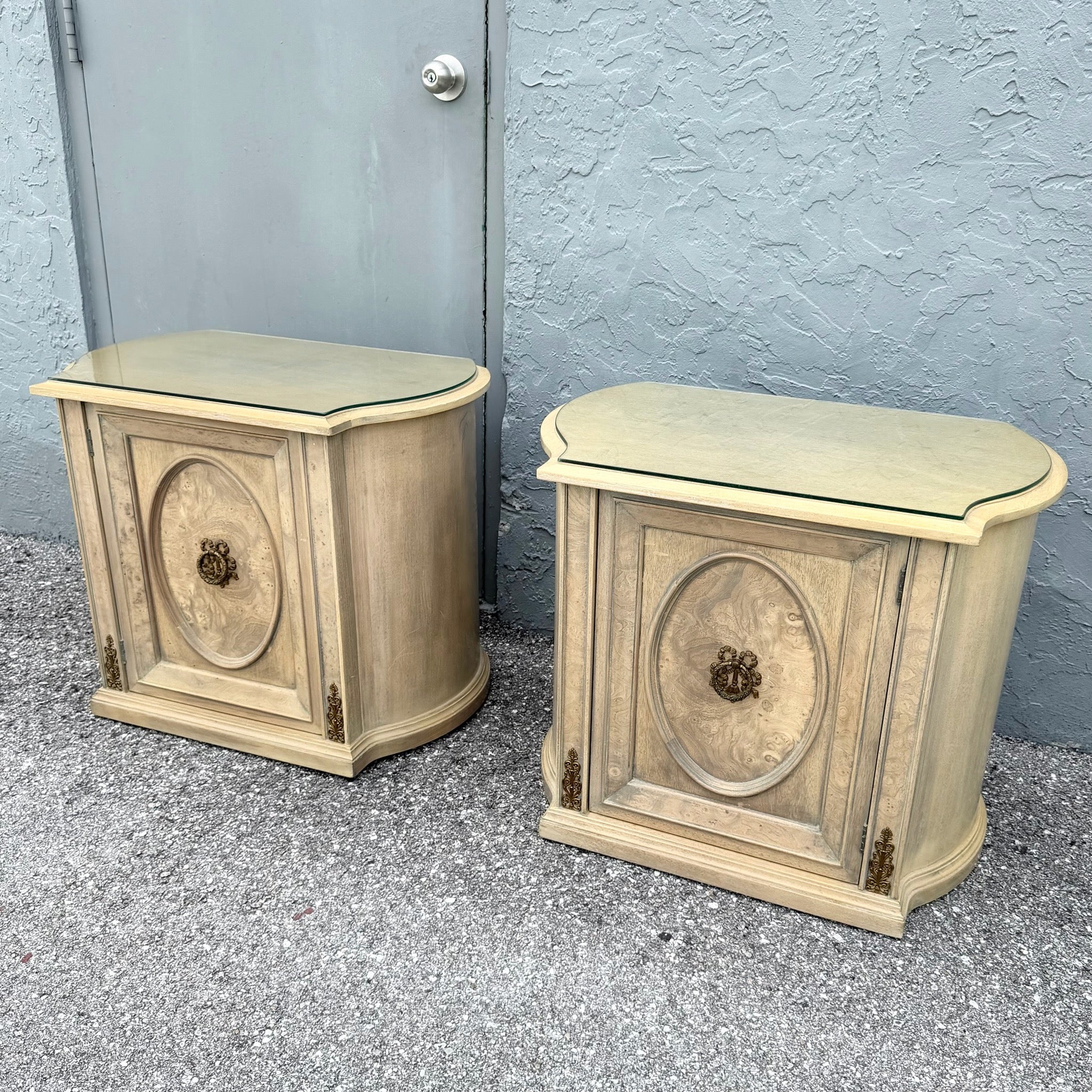 Vintage French Provincial Burlwood Nightstands by Detroit Furniture - A Pair Dolphin & Flamingo