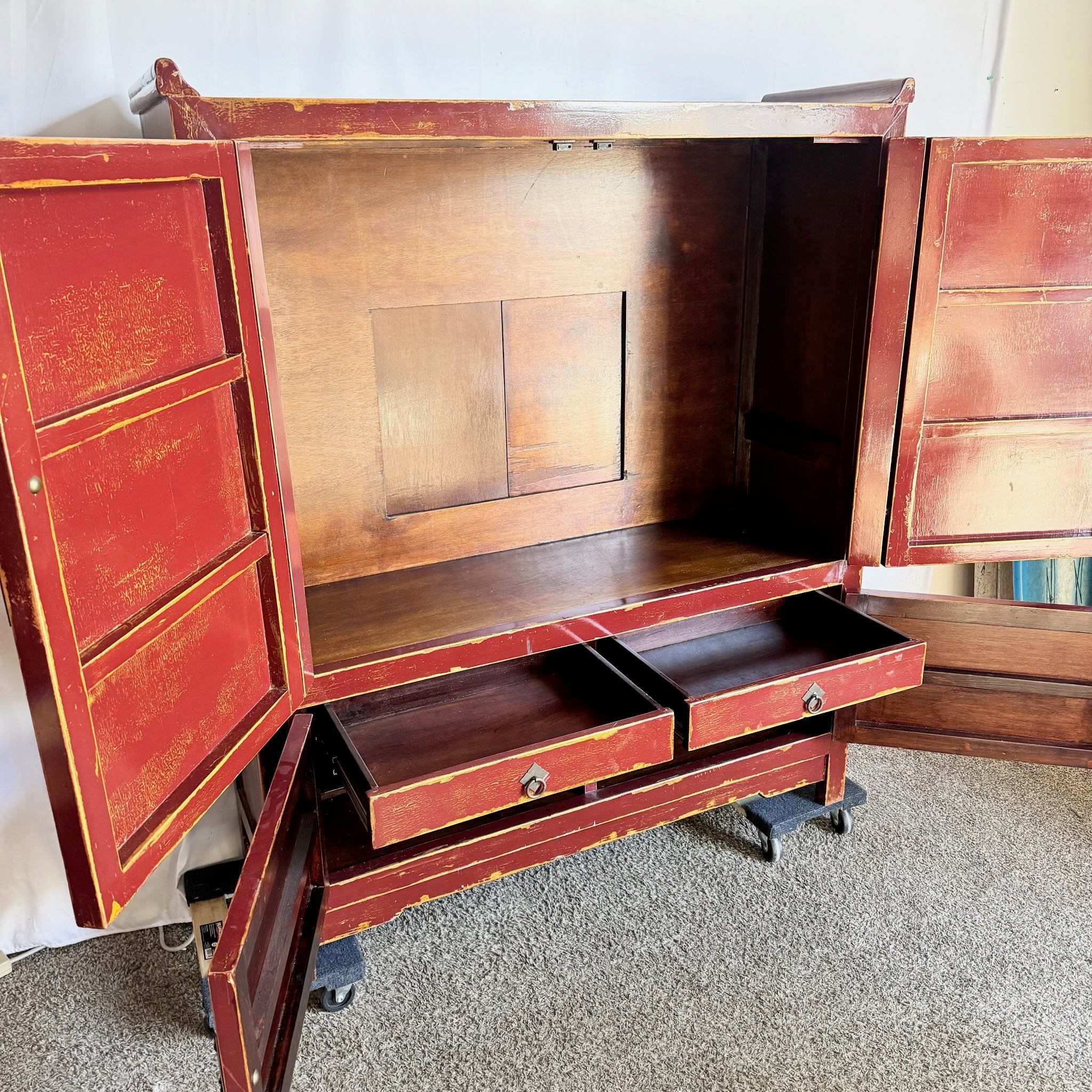 Chinese Red and Gold Distress Finish Armoire/Cabinet