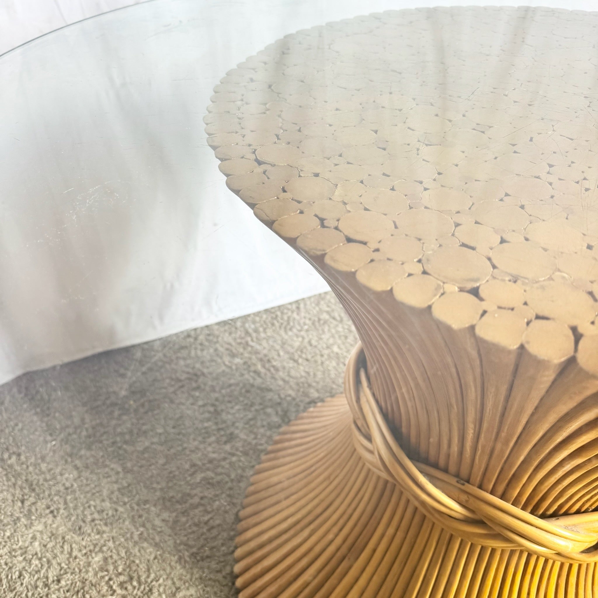 Boho Chic McGuire Style Sheaf of Wheat Circular Glass Top Dining Table