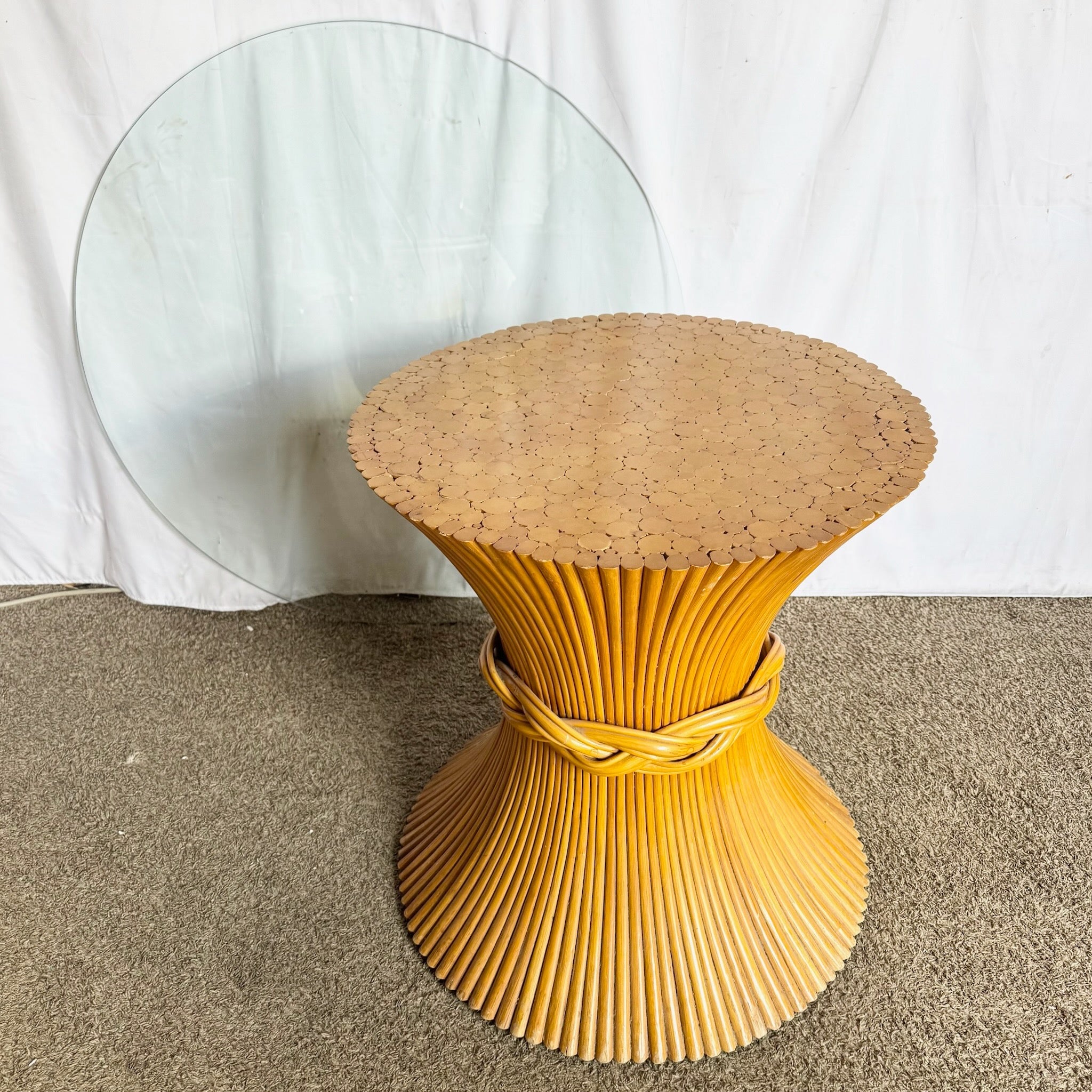 Boho Chic McGuire Style Sheaf of Wheat Circular Glass Top Dining Table