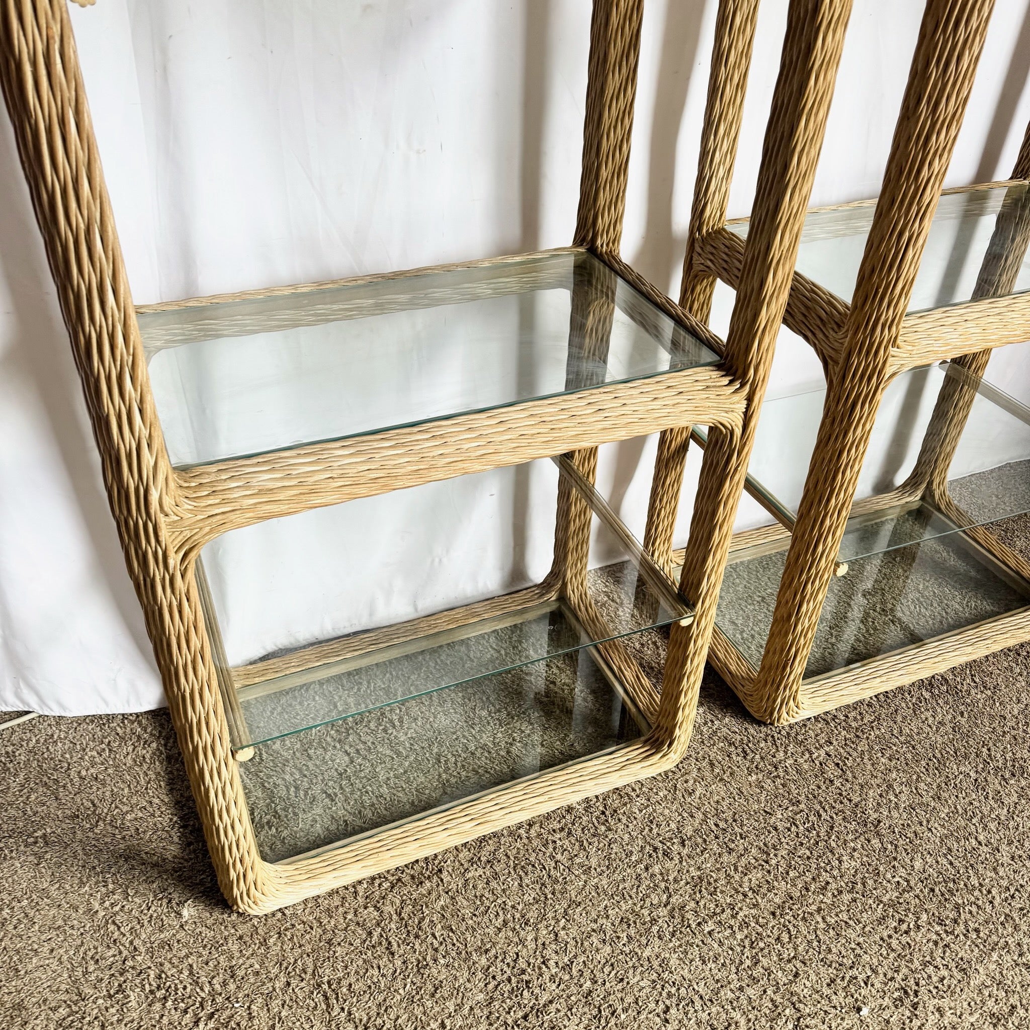 Vintage Boho Chic Twisted Wicker Etageres - A Pair