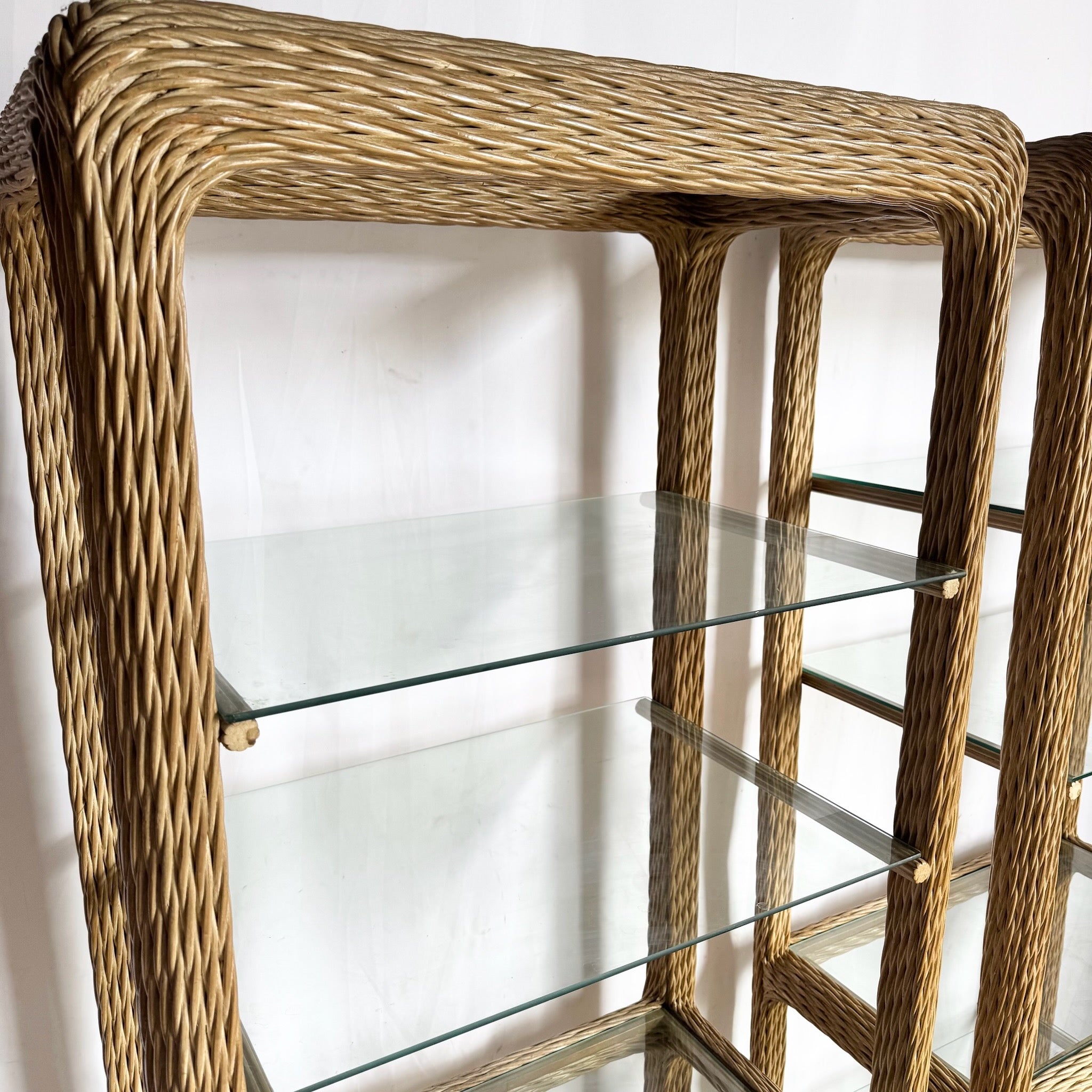 Vintage Boho Chic Twisted Wicker Etageres - A Pair