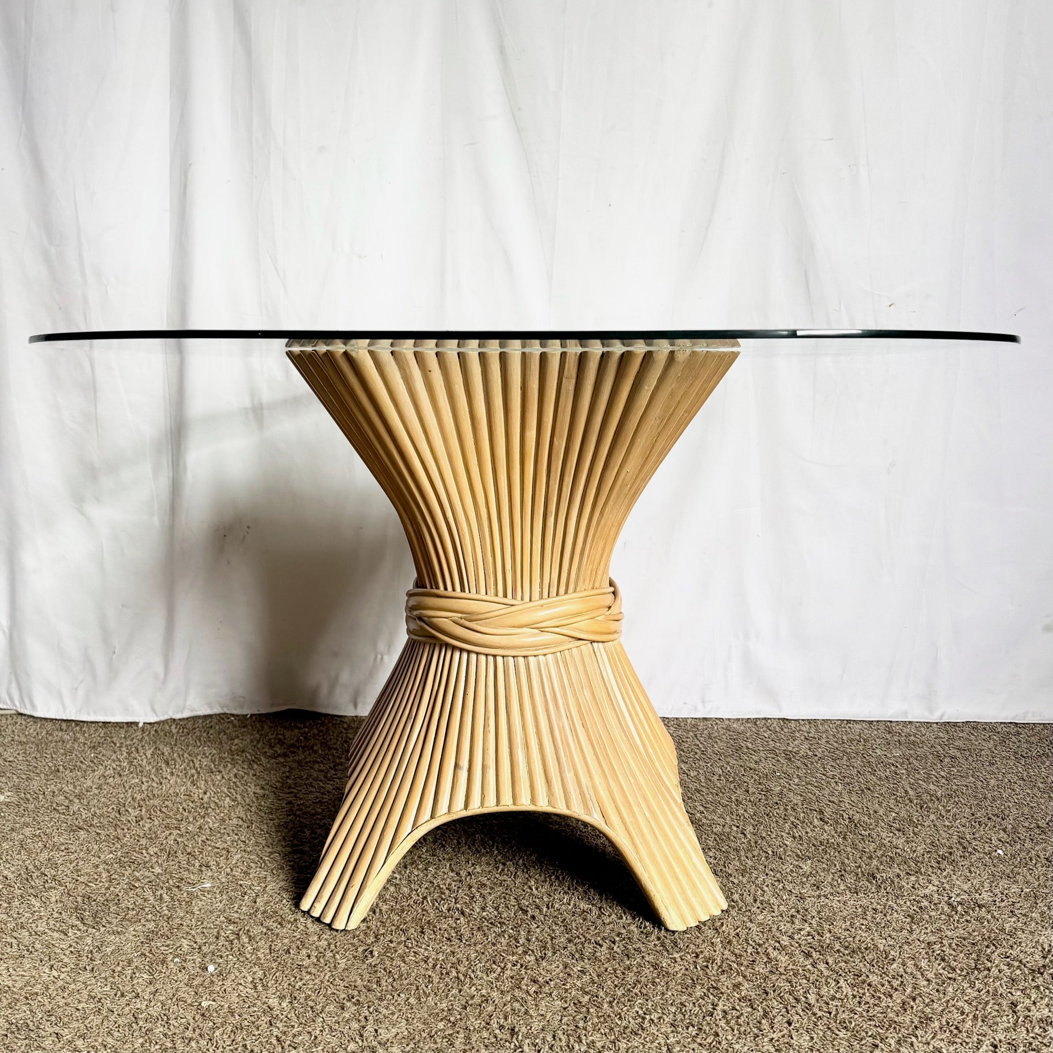 Boho Chic McGuire Style Sheaf of Wheat Rounded Square Glass Top Dining Table