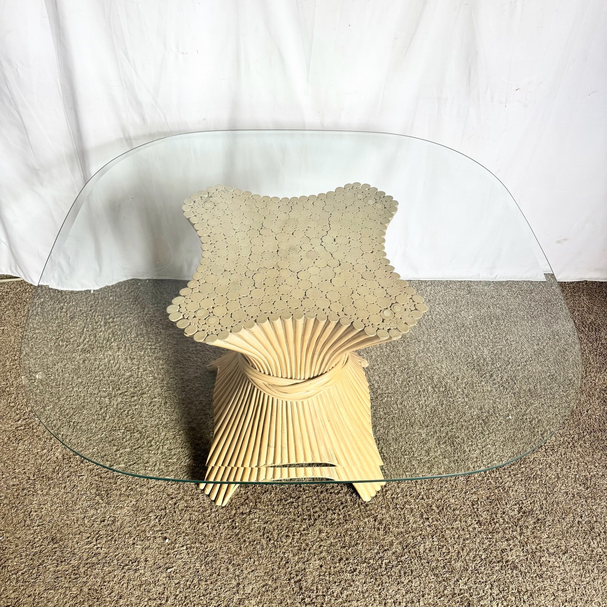 Boho Chic McGuire Style Sheaf of Wheat Rounded Square Glass Top Dining Table