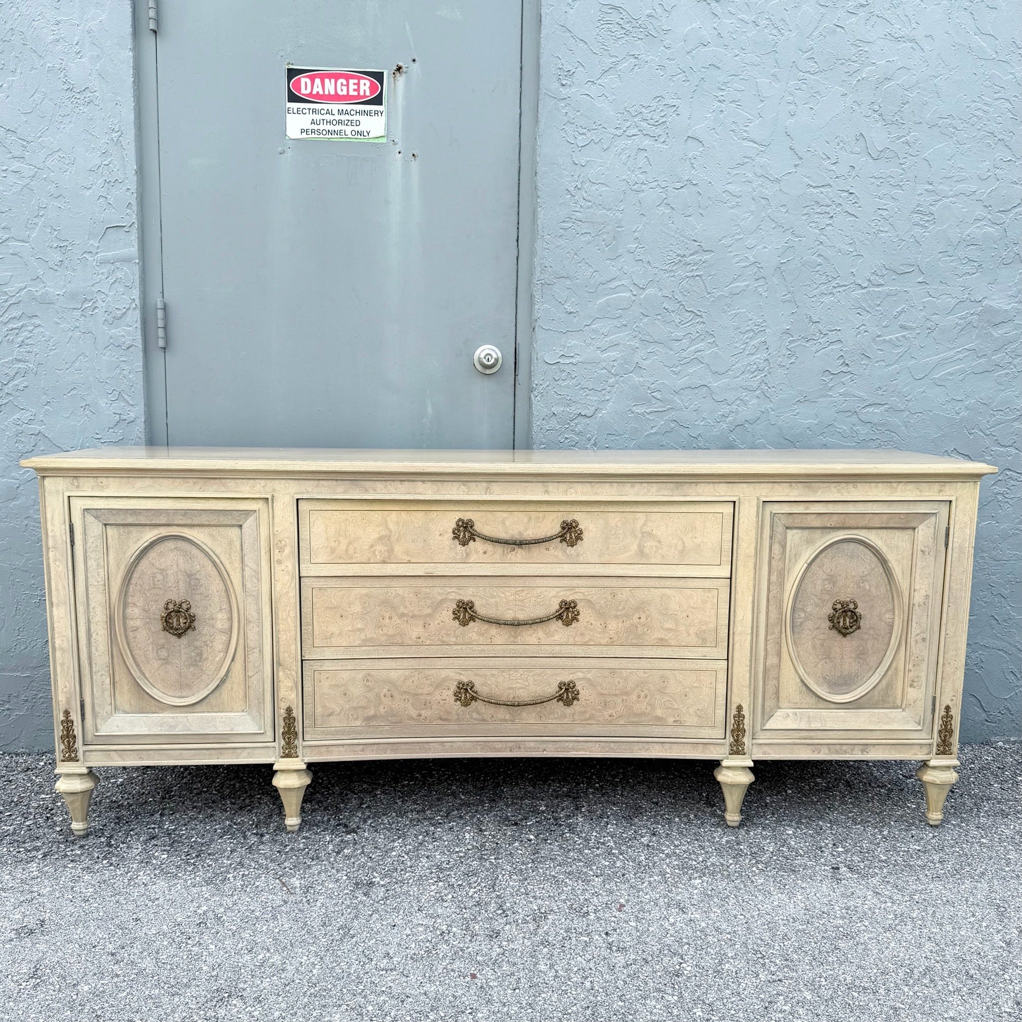 Vintage French Provincial Burlwood Dresser by Detroit Furniture Dolphin & Flamingo