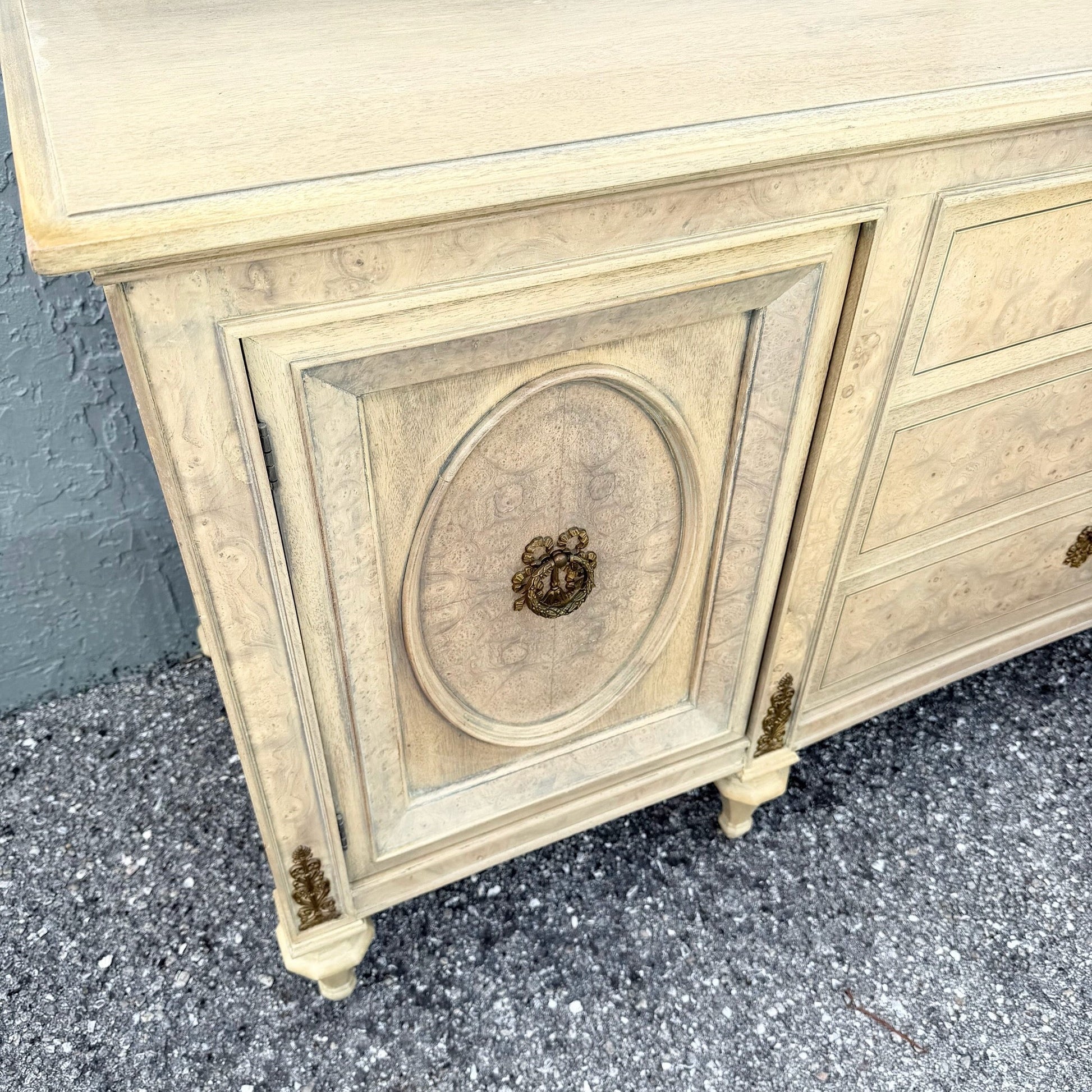 Vintage French Provincial Burlwood Dresser by Detroit Furniture Dolphin & Flamingo
