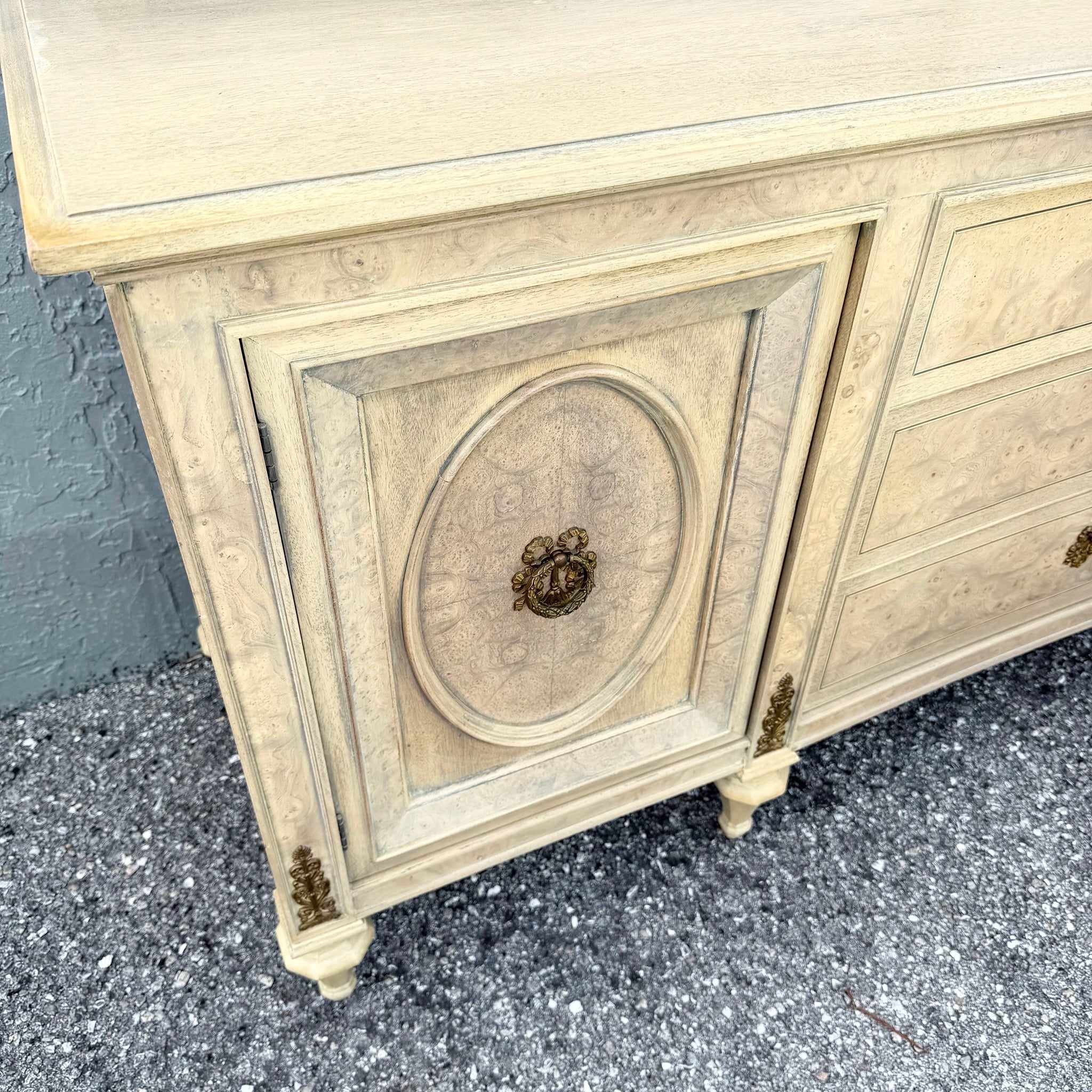 Vintage French Provincial Burlwood Dresser by Detroit Furniture Dolphin & Flamingo