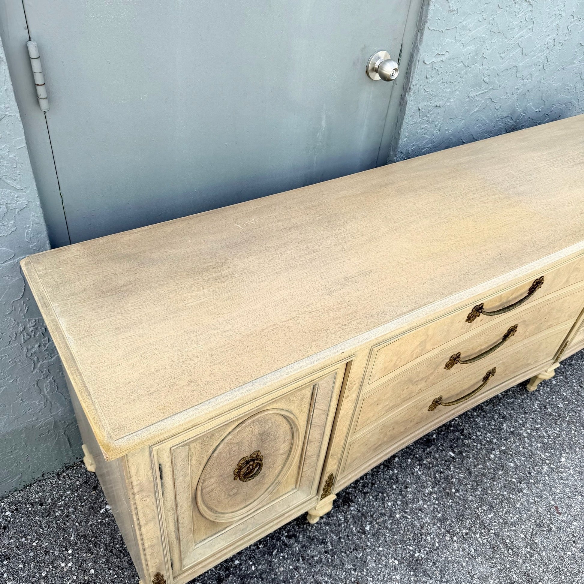Vintage French Provincial Burlwood Dresser by Detroit Furniture Dolphin & Flamingo