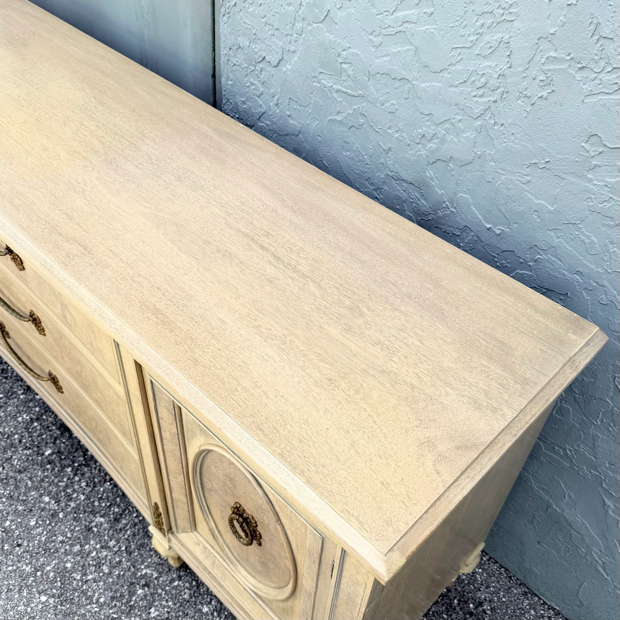 Vintage French Provincial Burlwood Dresser by Detroit Furniture Dolphin & Flamingo