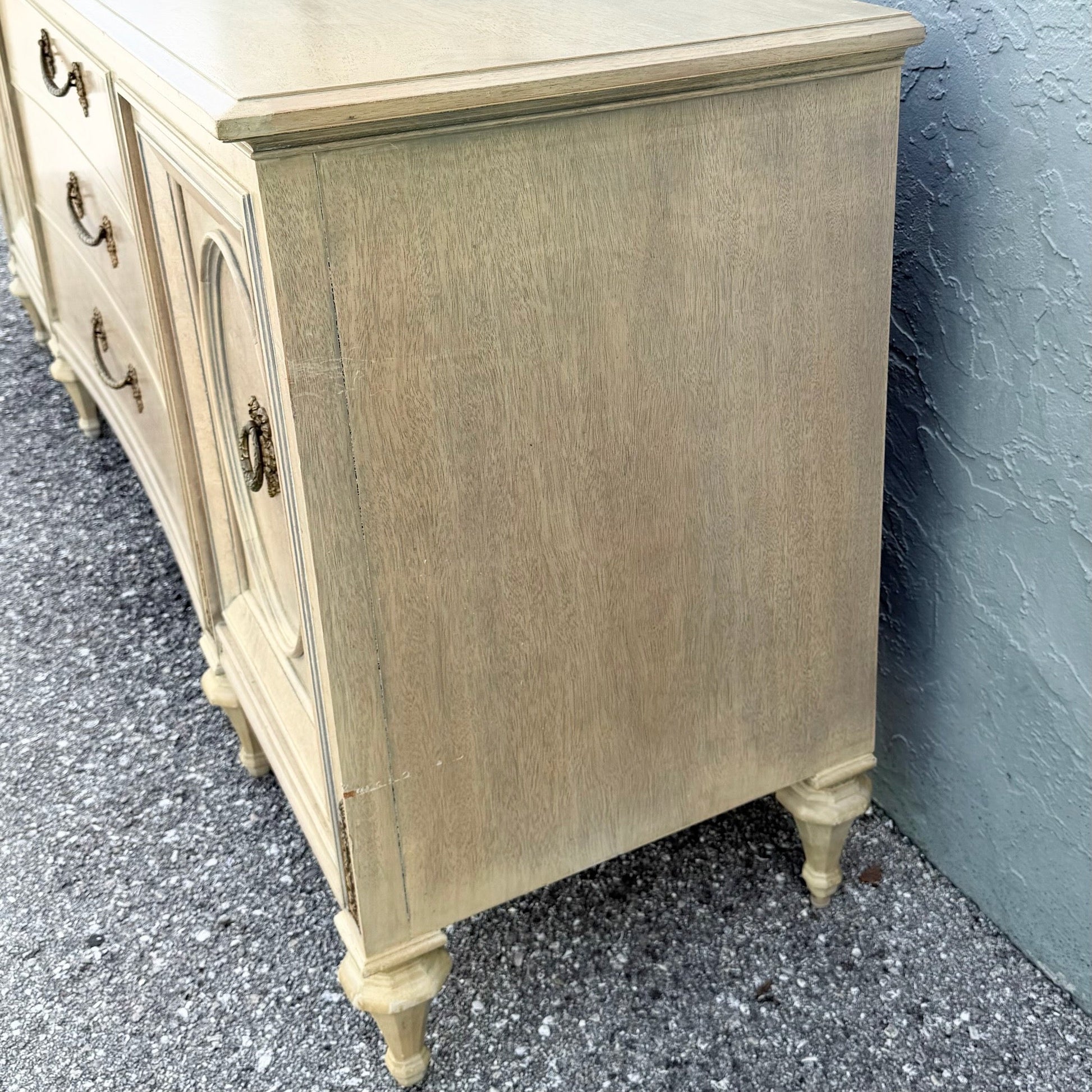 Vintage French Provincial Burlwood Dresser by Detroit Furniture Dolphin & Flamingo