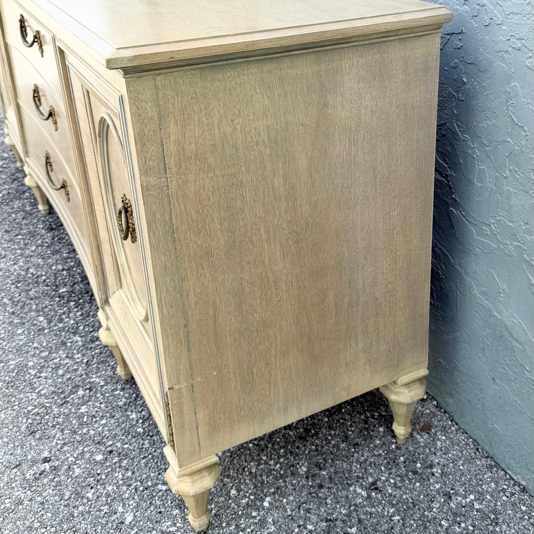 Vintage French Provincial Burlwood Dresser by Detroit Furniture Dolphin & Flamingo