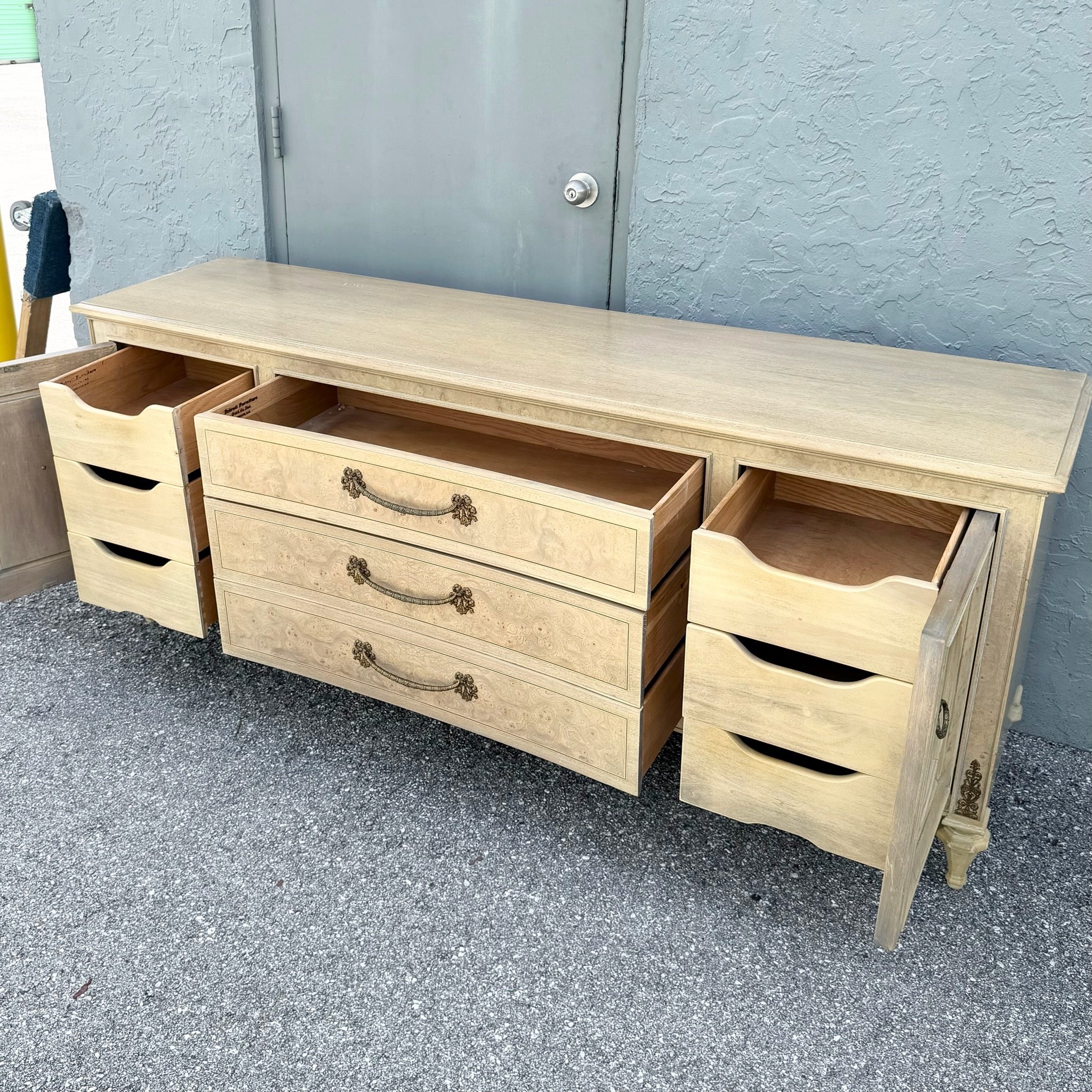 Vintage French Provincial Burlwood Dresser by Detroit Furniture Dolphin & Flamingo