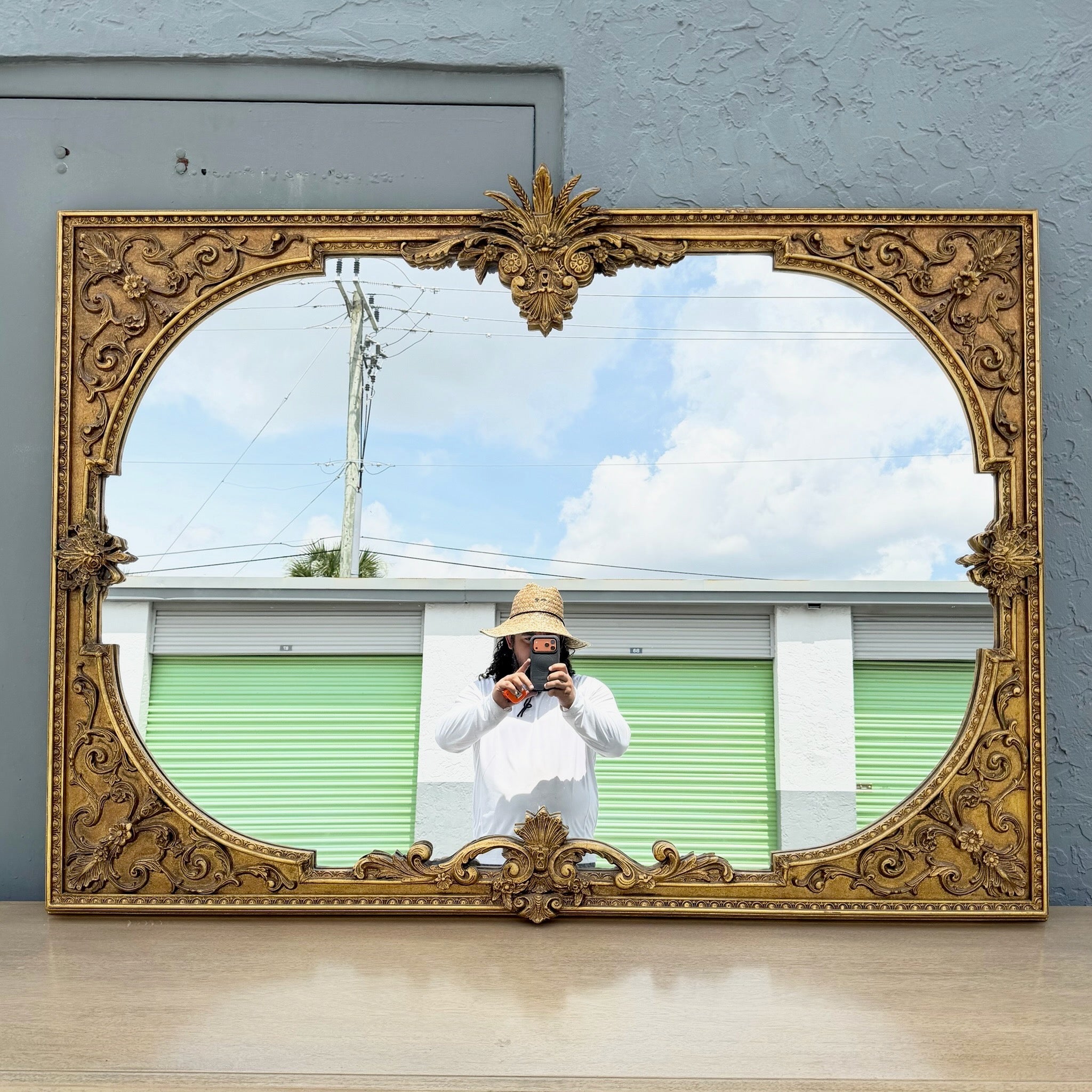 Vintage Rococo Style Gold Wooden Mirror Dolphin & Flamingo