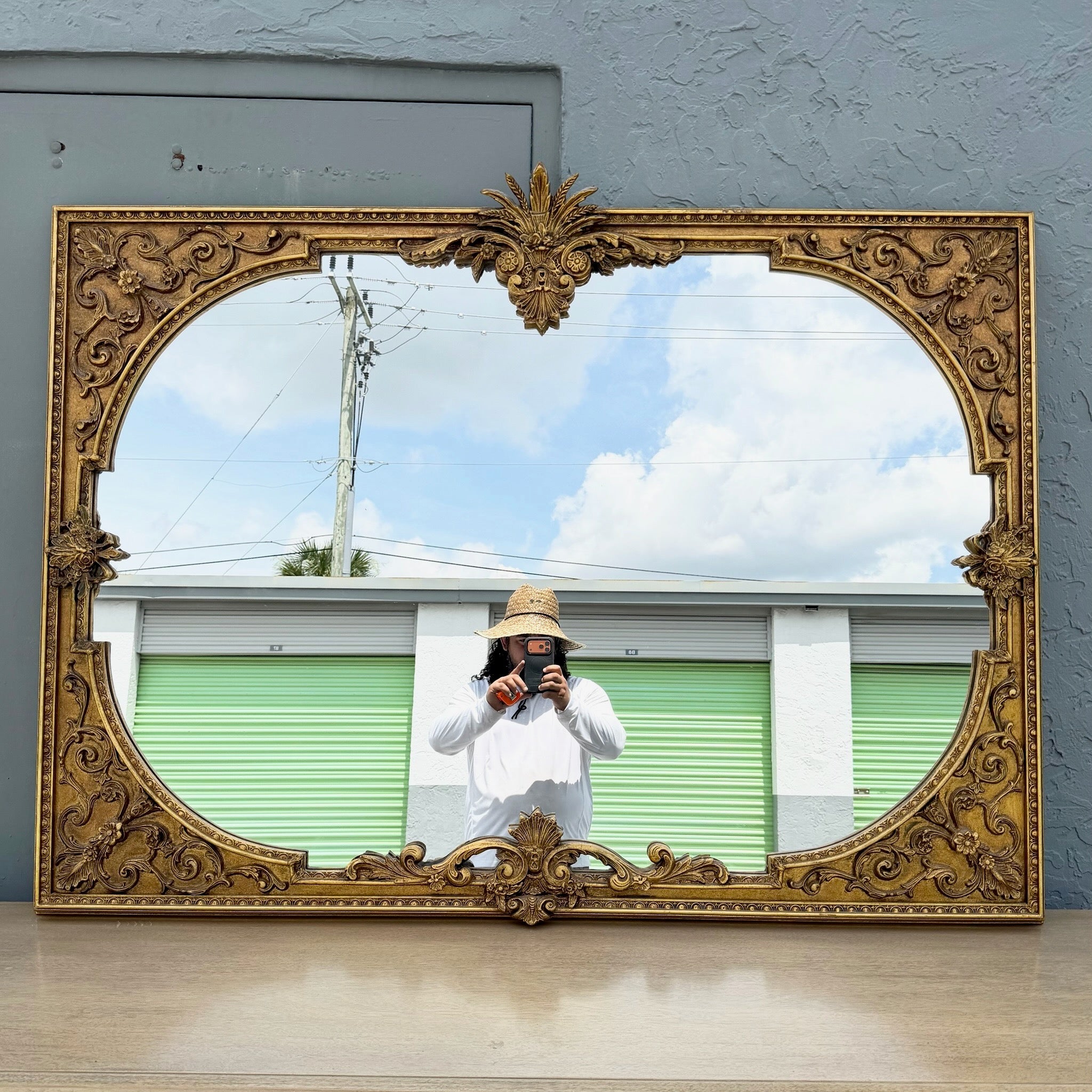 Vintage Rococo Style Gold Wooden Mirror Dolphin & Flamingo