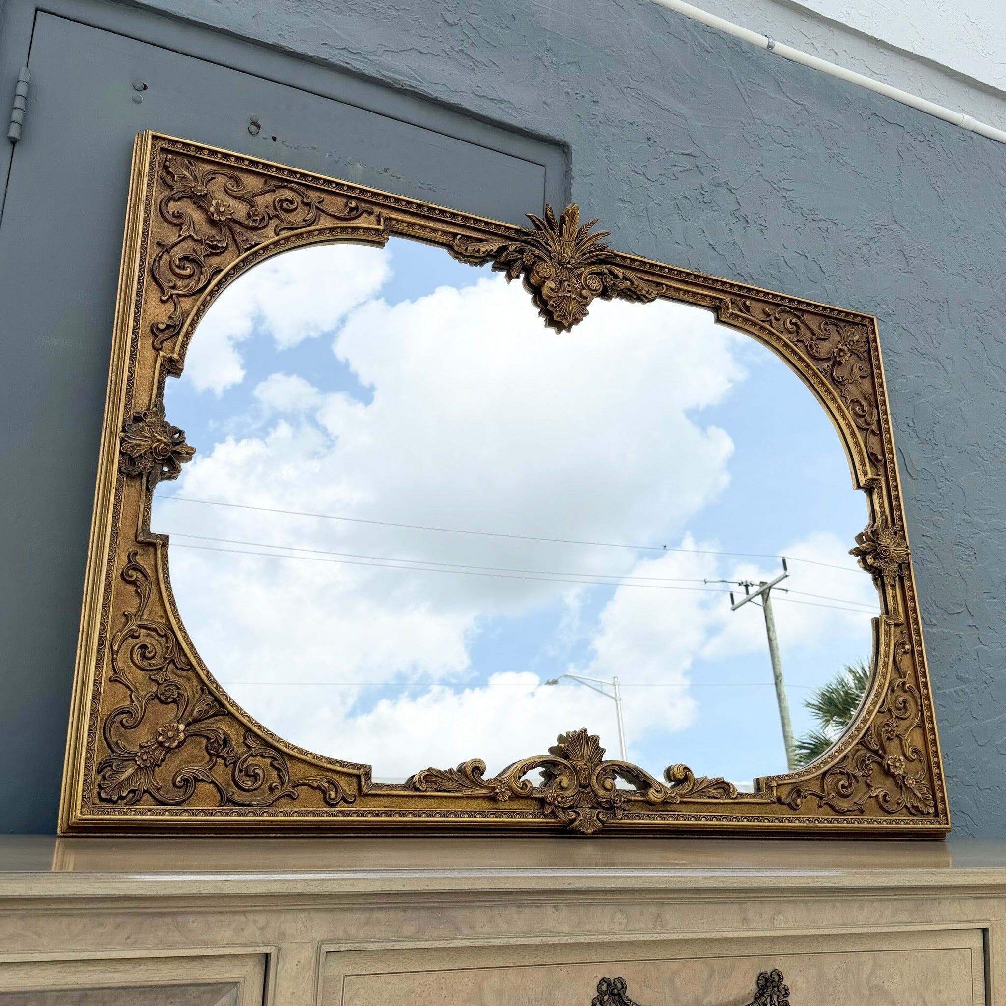 Vintage Rococo Style Gold Wooden Mirror Dolphin & Flamingo