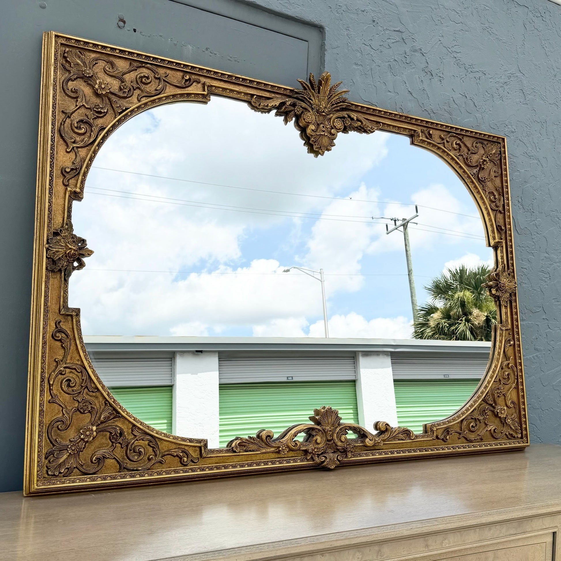 Vintage Rococo Style Gold Wooden Mirror Dolphin & Flamingo