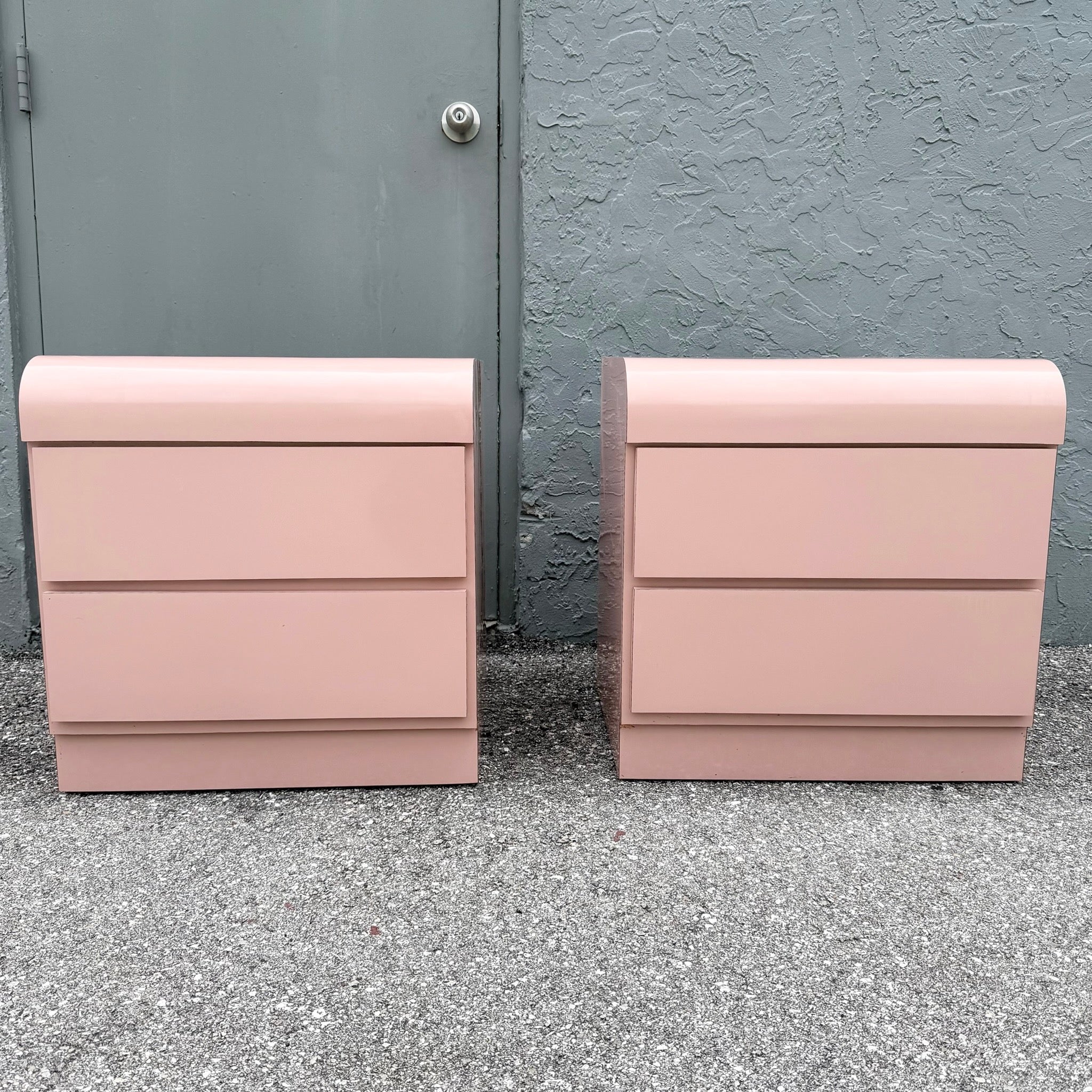 Postmodern Pink Gloss Laminate Waterfall Nightstands - A Pair Dolphin & Flamingo