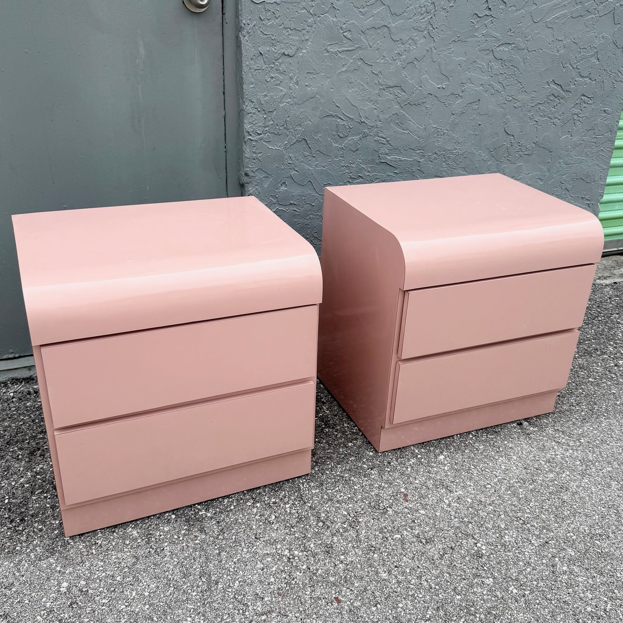 Postmodern Pink Gloss Laminate Waterfall Nightstands - A Pair Dolphin & Flamingo