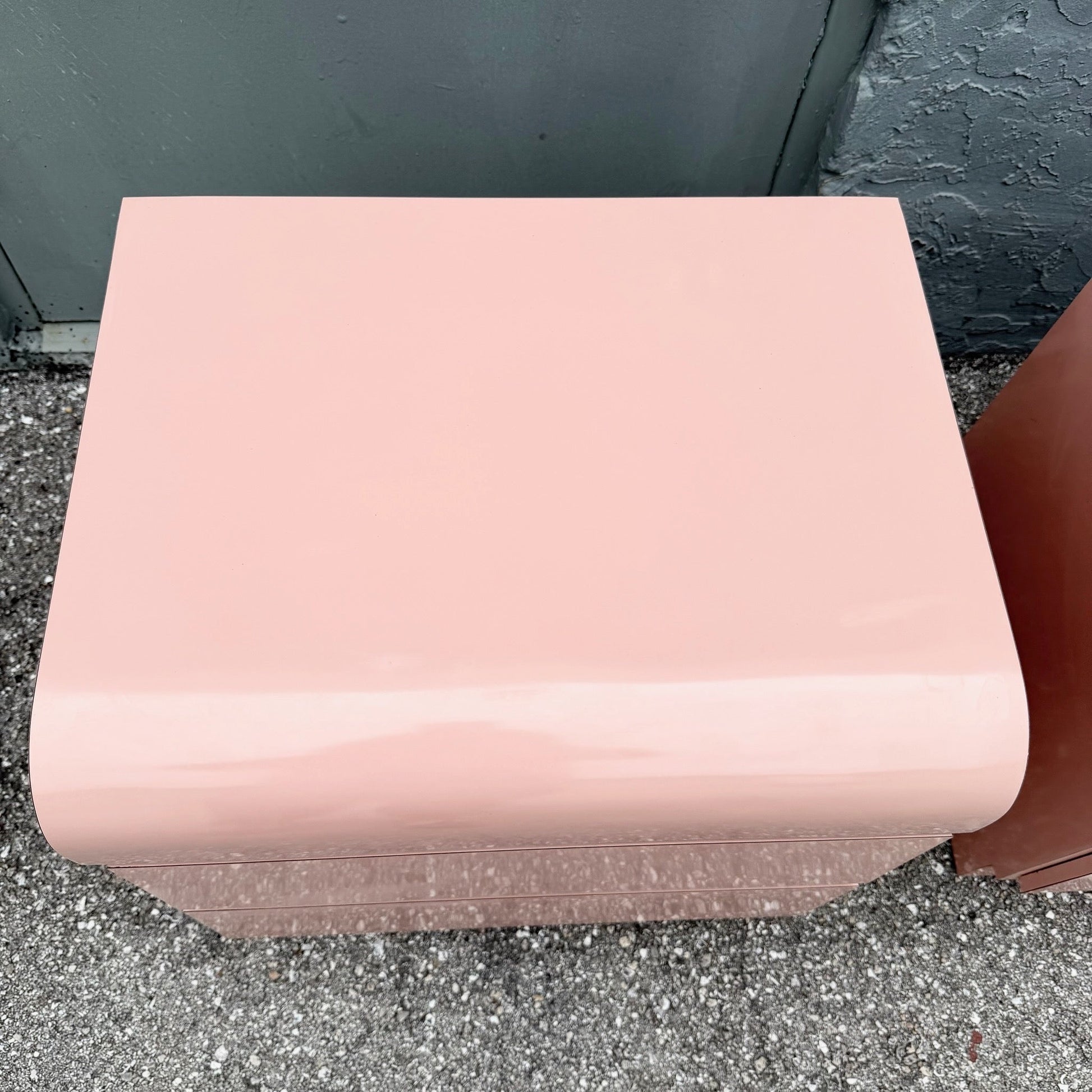Postmodern Pink Gloss Laminate Waterfall Nightstands - A Pair Dolphin & Flamingo