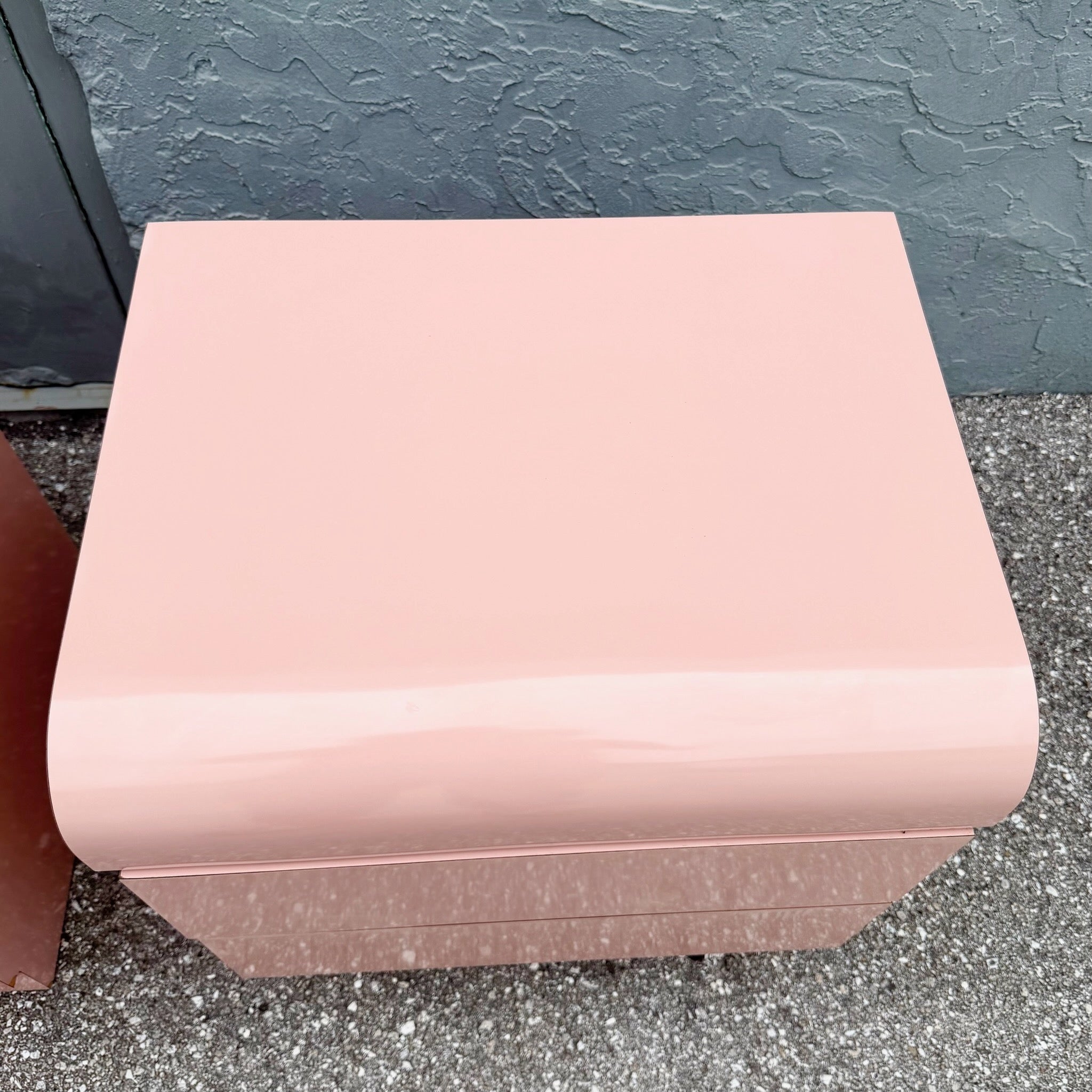 Postmodern Pink Gloss Laminate Waterfall Nightstands - A Pair Dolphin & Flamingo