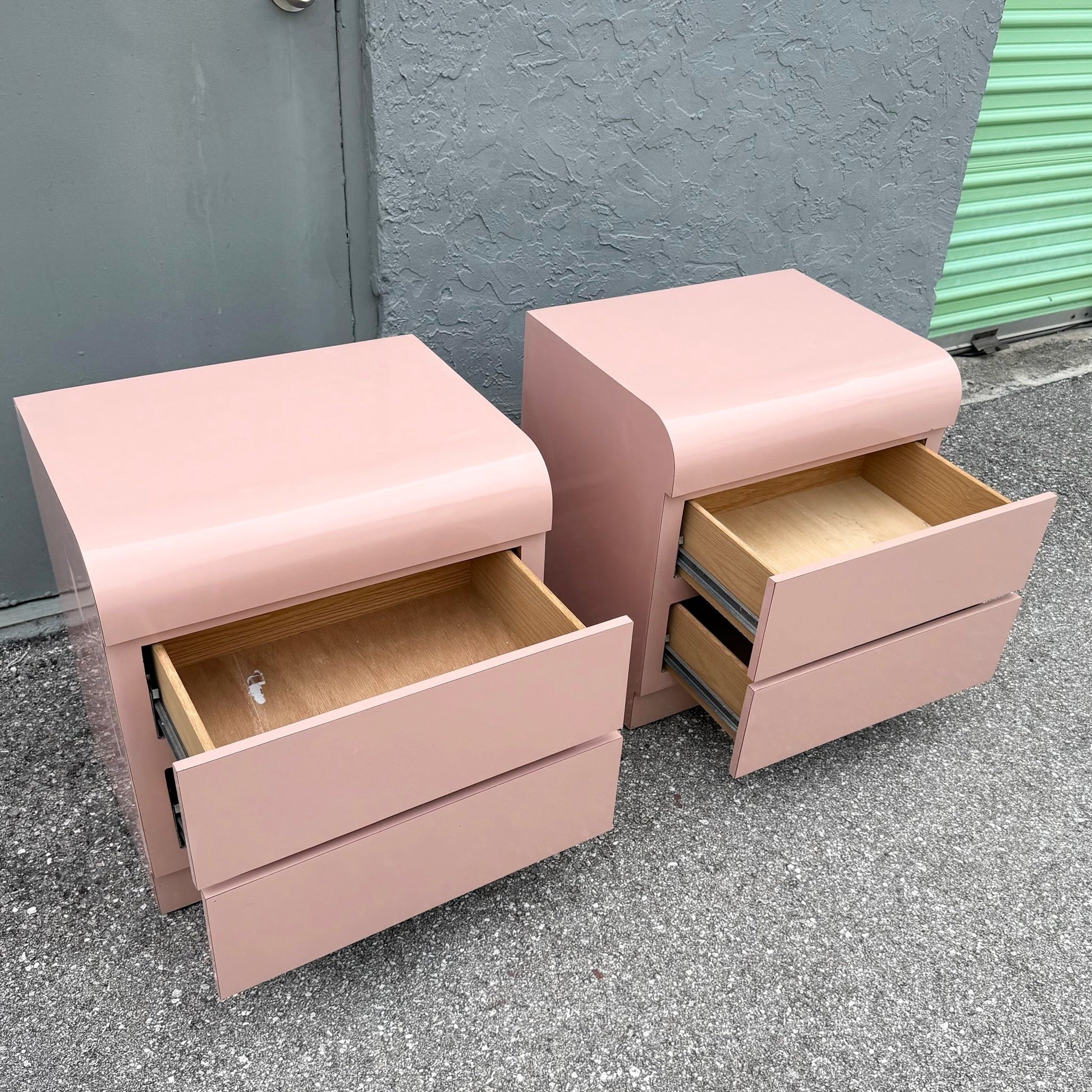 Postmodern Pink Gloss Laminate Waterfall Nightstands - A Pair Dolphin & Flamingo