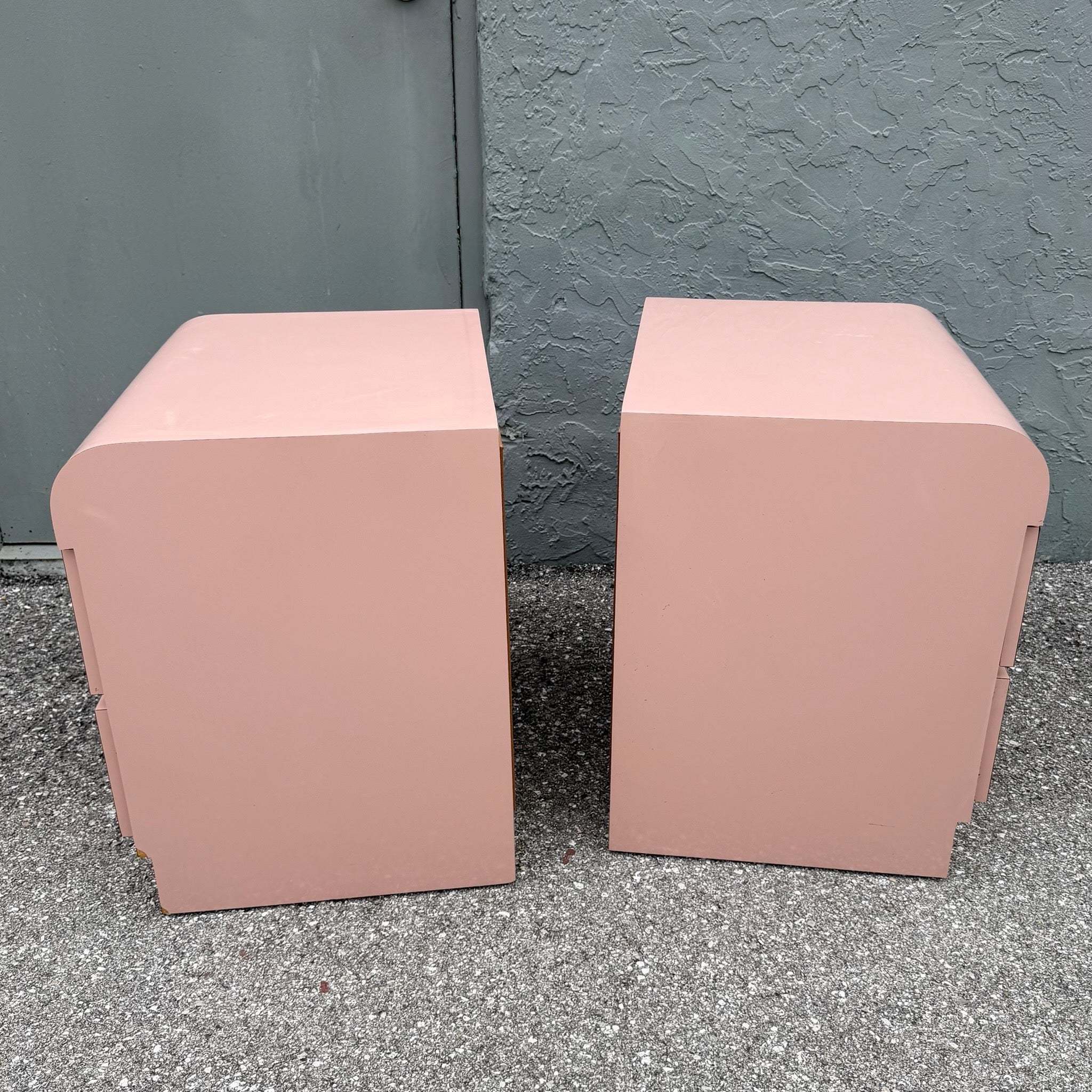 Postmodern Pink Gloss Laminate Waterfall Nightstands - A Pair Dolphin & Flamingo