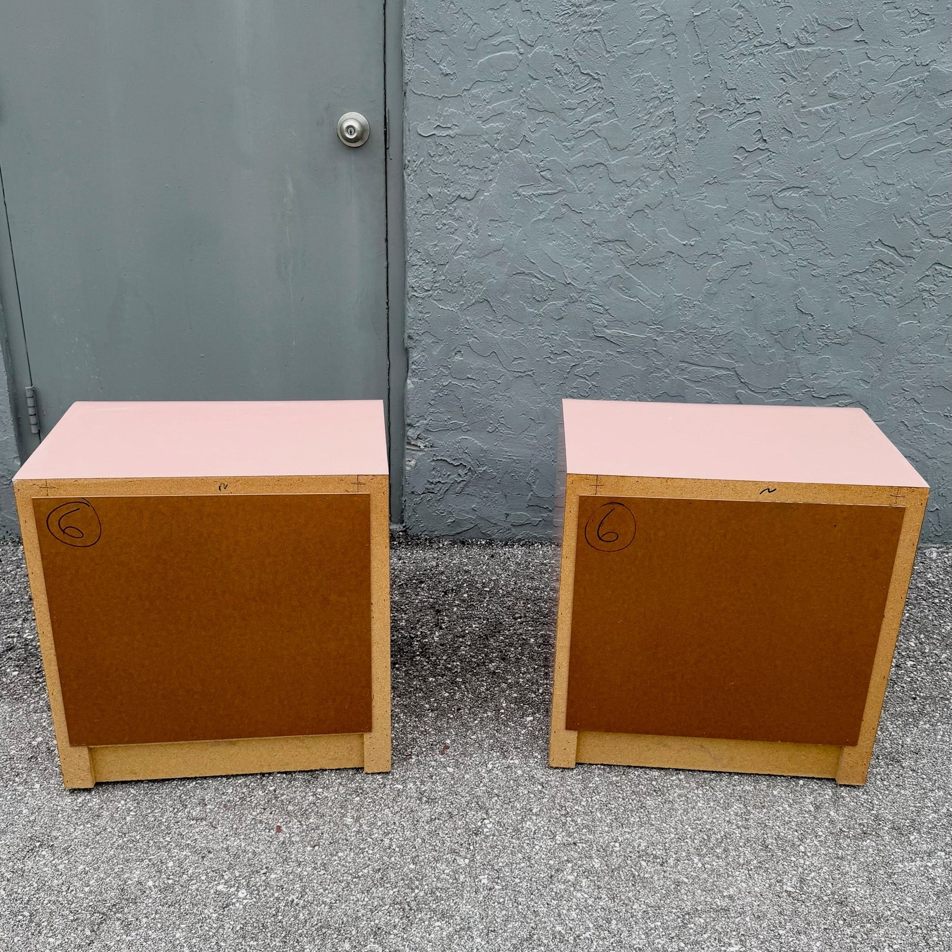 Postmodern Pink Gloss Laminate Waterfall Nightstands - A Pair Dolphin & Flamingo