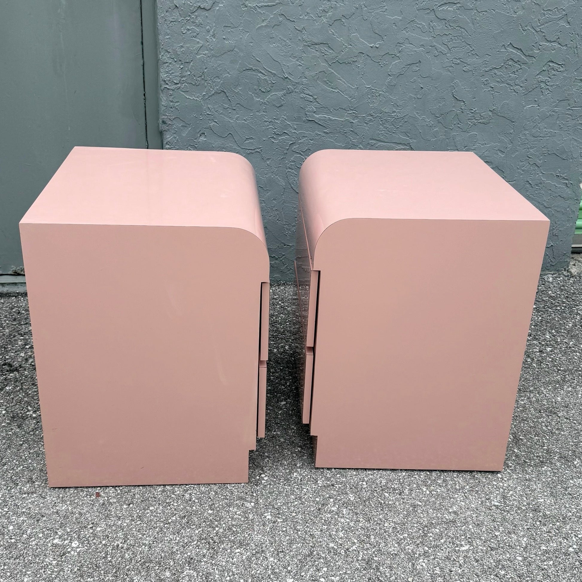 Postmodern Pink Gloss Laminate Waterfall Nightstands - A Pair Dolphin & Flamingo