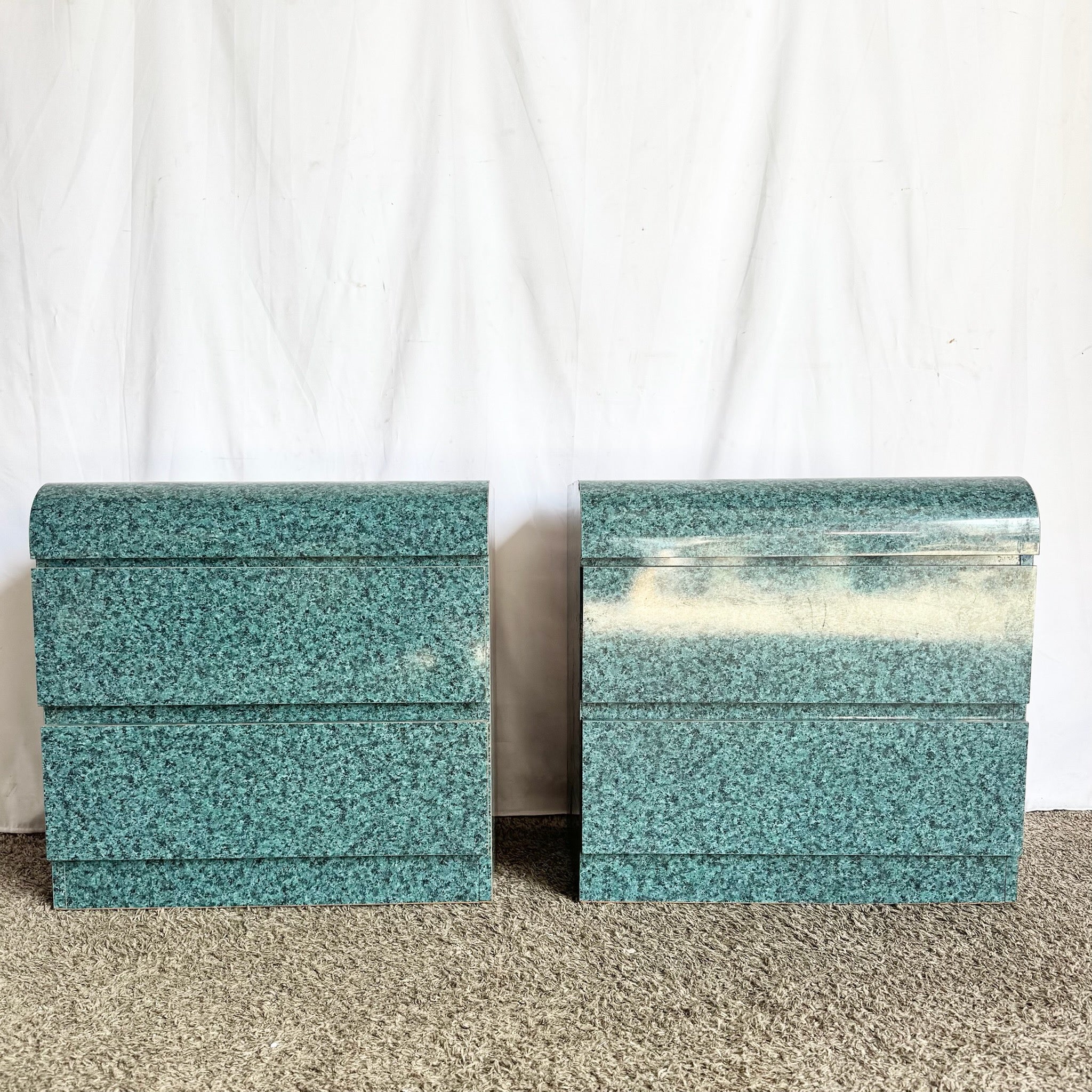 Postmodern Faux Teal Granite Waterfall Nighstands - A Pair