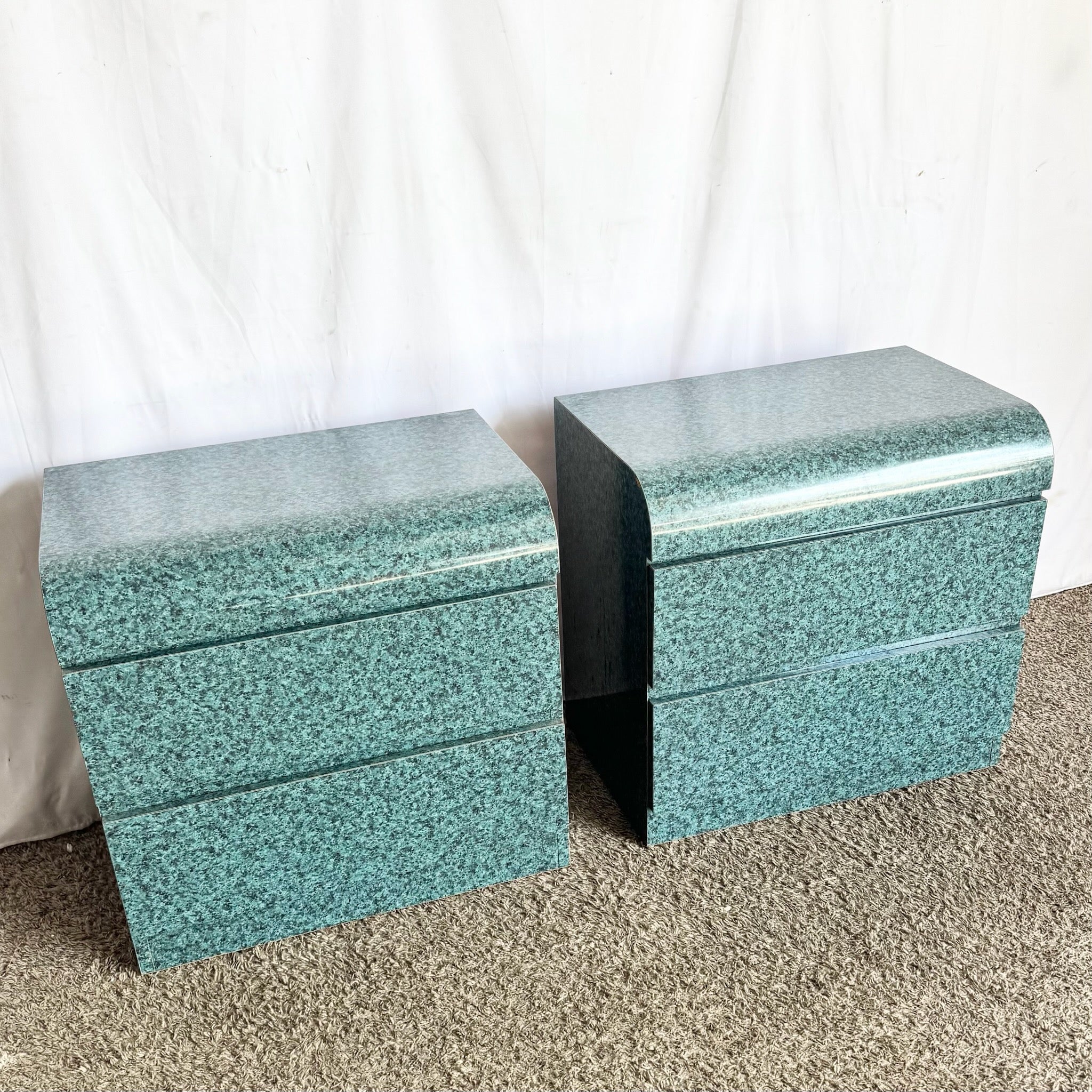 Postmodern Faux Teal Granite Waterfall Nighstands - A Pair